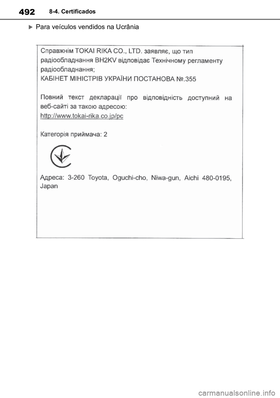 TOYOTA YARIS 2022  Manual de utilização (in Portuguese) 4928-4. Certificados
Para veículos vendidos na Ucrânia 