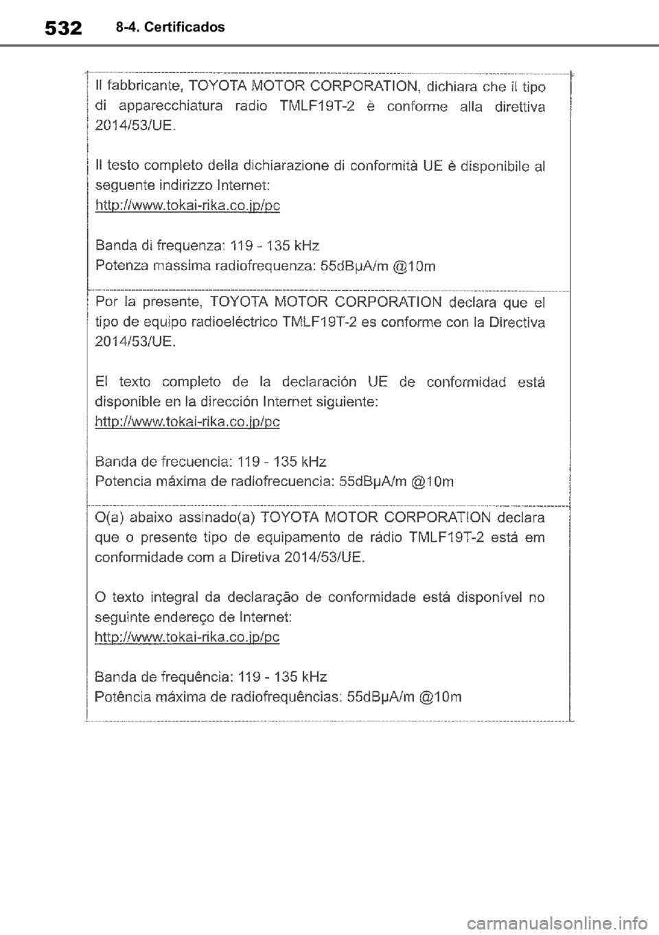 TOYOTA YARIS 2022  Manual de utilização (in Portuguese) 5328-4. Certificados 