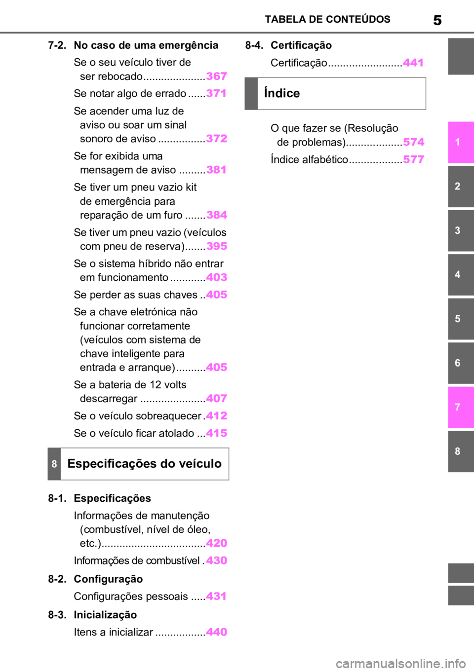 TOYOTA YARIS 2022  Manual de utilização (in Portuguese) 5TABELA DE CONTEÚDOS
1
6
5
4
3
2
8
7
7-2. No caso de uma emergência
Se o seu veículo tiver de ser rebocado..................... 367
Se notar algo de errado ...... 371
Se acender uma luz de  aviso o