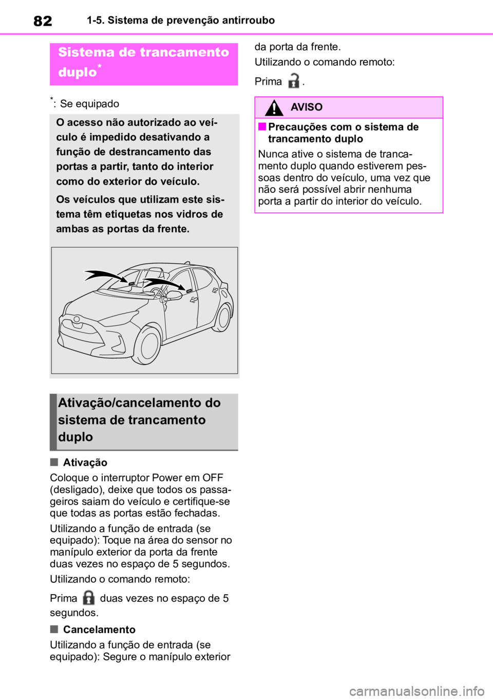 TOYOTA YARIS 2022  Manual de utilização (in Portuguese) 821-5. Sistema de prevenção antirroubo
*: Se equipado 
nAtivação
Coloque o interruptor Power em OFF 
(desligado), deixe que todos os passa -
geiros saiam do veículo e certifique-se 
que todas as 