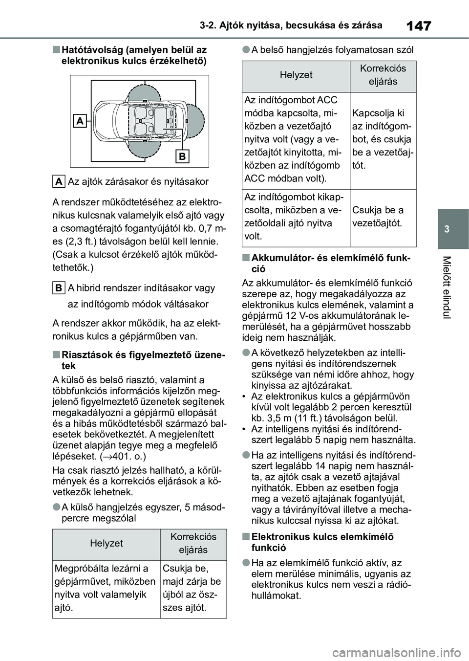 TOYOTA YARIS 2022 Kezelési útmutató (in Hungarian) 147
3
3-2. Ajtók nyitása, becsukása és zárása
Mielőtt elindul
nHatótávolság (amelyen belül az
elektronikus kulcs érzékelhető)
Az ajtók zárásakor és nyitásakor
A rendszer működtet TOYOTA YARIS 2022 Kezelési útmutató (in Hungarian) 147
3
3-2. Ajtók nyitása, becsukása és zárása
Mielőtt elindul
nHatótávolság (amelyen belül az
elektronikus kulcs érzékelhető)
Az ajtók zárásakor és nyitásakor
A rendszer működtet