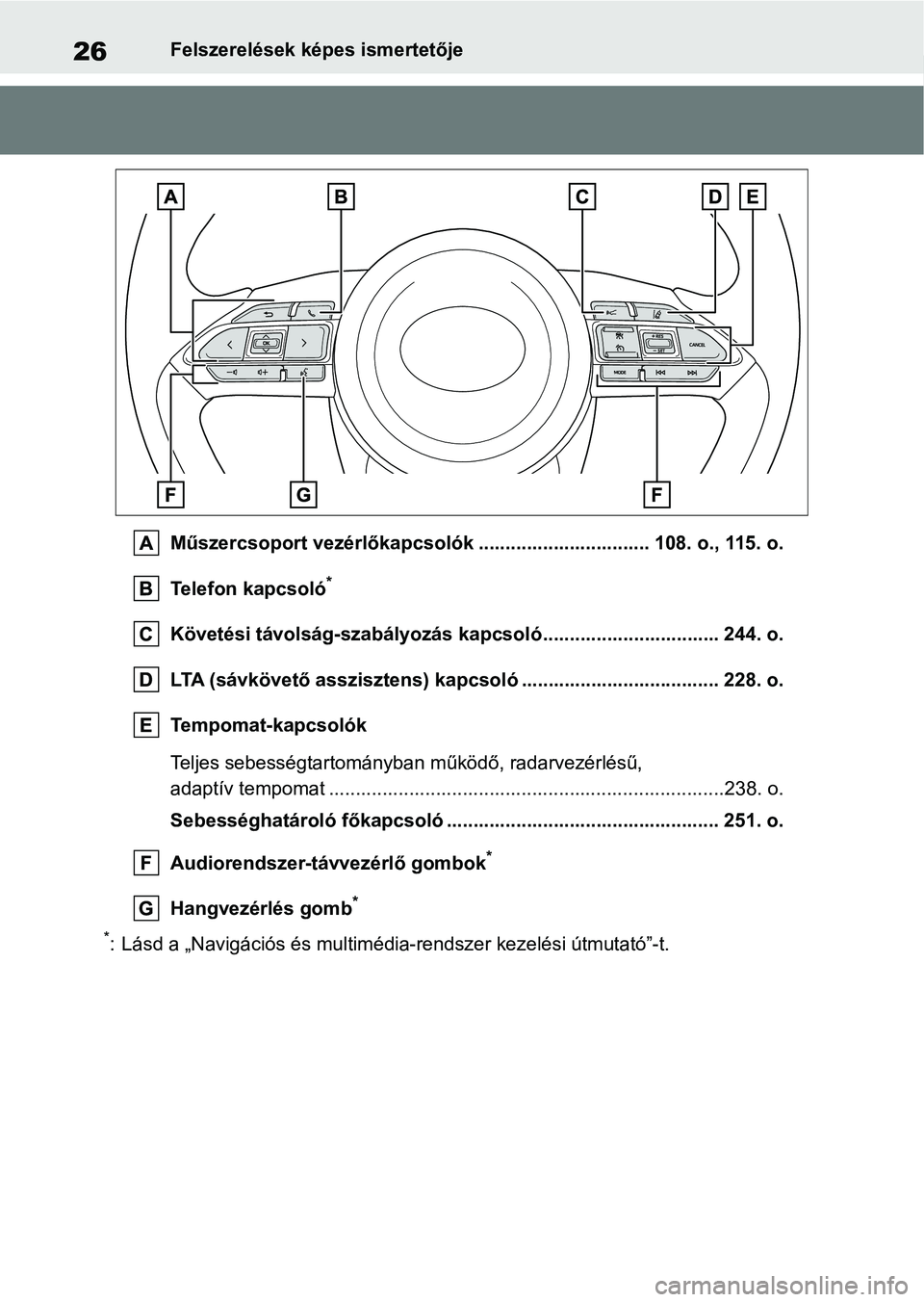 TOYOTA YARIS 2022 Kezelési útmutató (in Hungarian) 26Felszerelések képes ismertetője
Műszercsoport vezérlőkapcsolók ................................ 108. o., 115. o.
Te l e f o n k a p c s o l ó
*
Követési távolság-szabályozás kapcsol TOYOTA YARIS 2022 Kezelési útmutató (in Hungarian) 26Felszerelések képes ismertetője
Műszercsoport vezérlőkapcsolók ................................ 108. o., 115. o.
Te l e f o n k a p c s o l ó
*
Követési távolság-szabályozás kapcsol