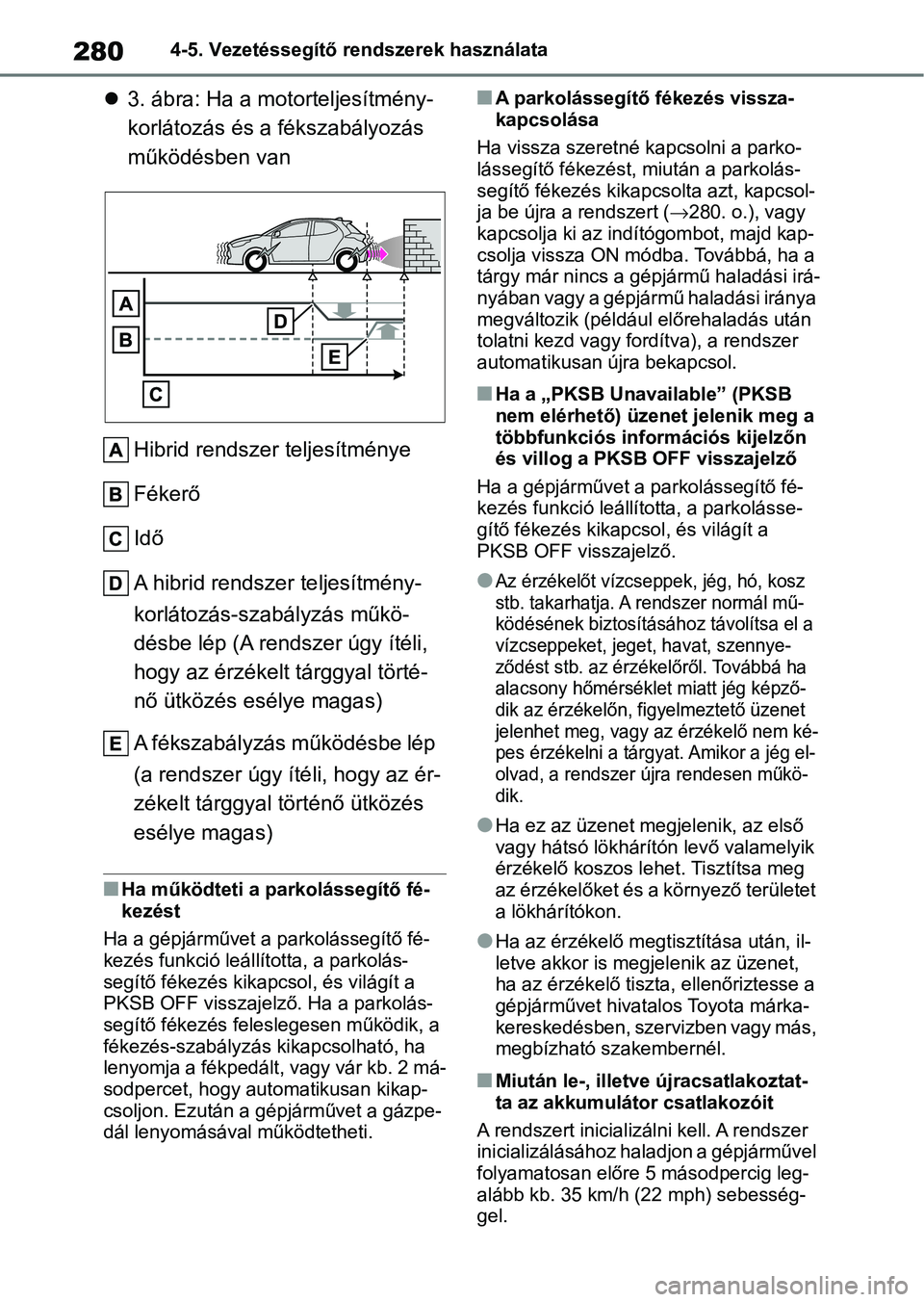 TOYOTA YARIS 2022 Kezelési útmutató (in Hungarian) 2804-5. Vezetéssegítő rendszerek használata
3. ábra: Ha a motorteljesítmény-
korlátozás és a fékszabályozás
működésben van
Hibrid rendszer teljesítménye
Fékerő
Idő
A hibrid re TOYOTA YARIS 2022 Kezelési útmutató (in Hungarian) 2804-5. Vezetéssegítő rendszerek használata
3. ábra: Ha a motorteljesítmény-
korlátozás és a fékszabályozás
működésben van
Hibrid rendszer teljesítménye
Fékerő
Idő
A hibrid re