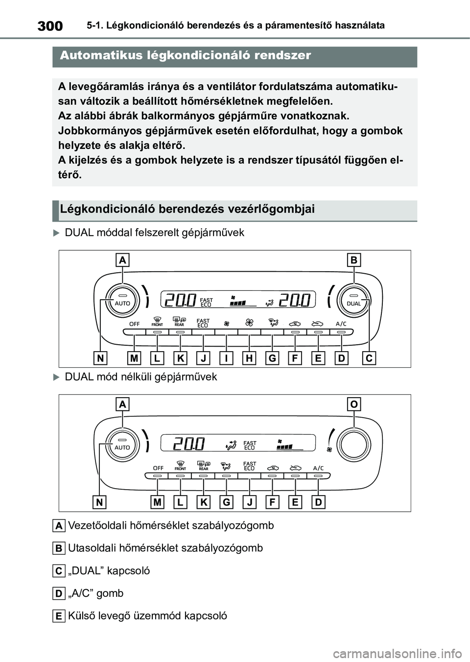 TOYOTA YARIS 2022 Kezelési útmutató (in Hungarian) 3005-1. Légkondicionáló berendezés és a páramentesítő használata
5-1.Légkondicionáló berendezés és a páramentesítő használata
DUAL móddal felszerelt gépjárművek
DUAL mód n TOYOTA YARIS 2022 Kezelési útmutató (in Hungarian) 3005-1. Légkondicionáló berendezés és a páramentesítő használata
5-1.Légkondicionáló berendezés és a páramentesítő használata
DUAL móddal felszerelt gépjárművek
DUAL mód n