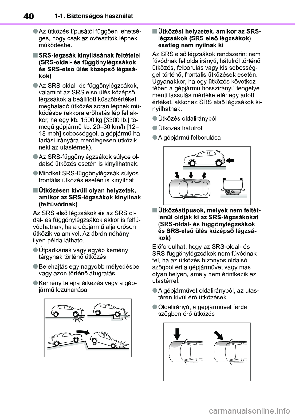 TOYOTA YARIS 2022 Kezelési útmutató (in Hungarian) 401-1. Biztonságos használat
lAz ütközés típusától függően lehetsé-
ges, hogy csak az övfeszítők lépnek
működésbe.
nSRS-légzsák kinyílásának feltételei
(SRS-oldal- és függ TOYOTA YARIS 2022 Kezelési útmutató (in Hungarian) 401-1. Biztonságos használat
lAz ütközés típusától függően lehetsé-
ges, hogy csak az övfeszítők lépnek
működésbe.
nSRS-légzsák kinyílásának feltételei
(SRS-oldal- és függ