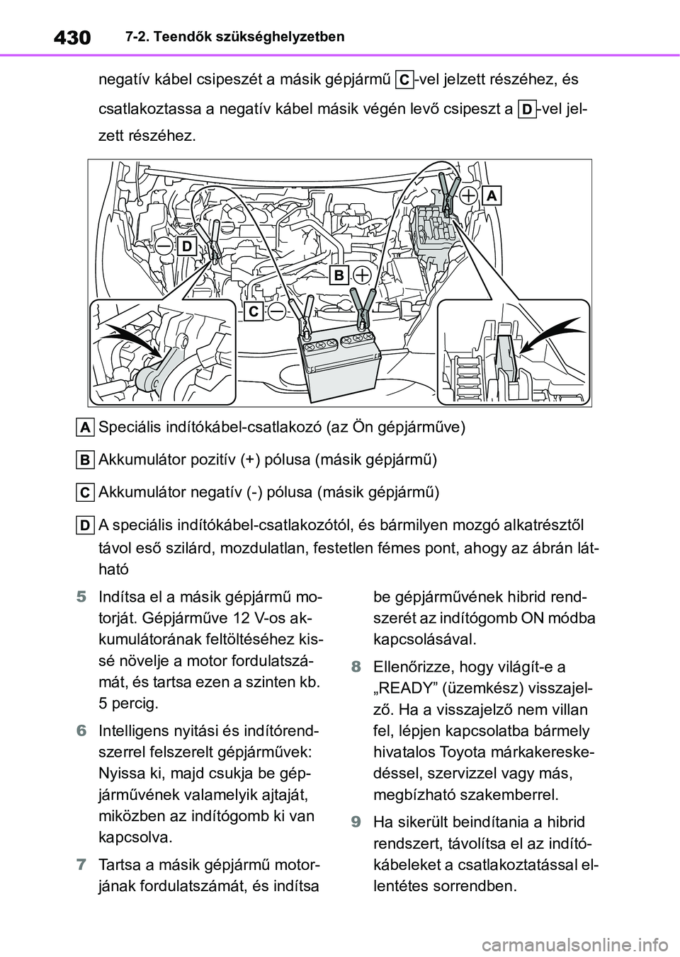 TOYOTA YARIS 2022 Kezelési útmutató (in Hungarian) 4307-2. Teendők szükséghelyzetben
negatív kábel csipeszét a másik gépjármű -vel jelzett részéhez, és
csatlakoztassa a negatív kábel má sik végén levő csipeszt a -vel jel-
zett r TOYOTA YARIS 2022 Kezelési útmutató (in Hungarian) 4307-2. Teendők szükséghelyzetben
negatív kábel csipeszét a másik gépjármű -vel jelzett részéhez, és
csatlakoztassa a negatív kábel má sik végén levő csipeszt a -vel jel-
zett r