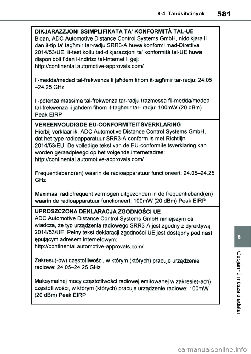 TOYOTA YARIS 2022 Kezelési útmutató (in Hungarian) 581
8
8-4. Tanúsítványok
Gépjármű műszaki adatai TOYOTA YARIS 2022 Kezelési útmutató (in Hungarian) 581
8
8-4. Tanúsítványok
Gépjármű műszaki adatai