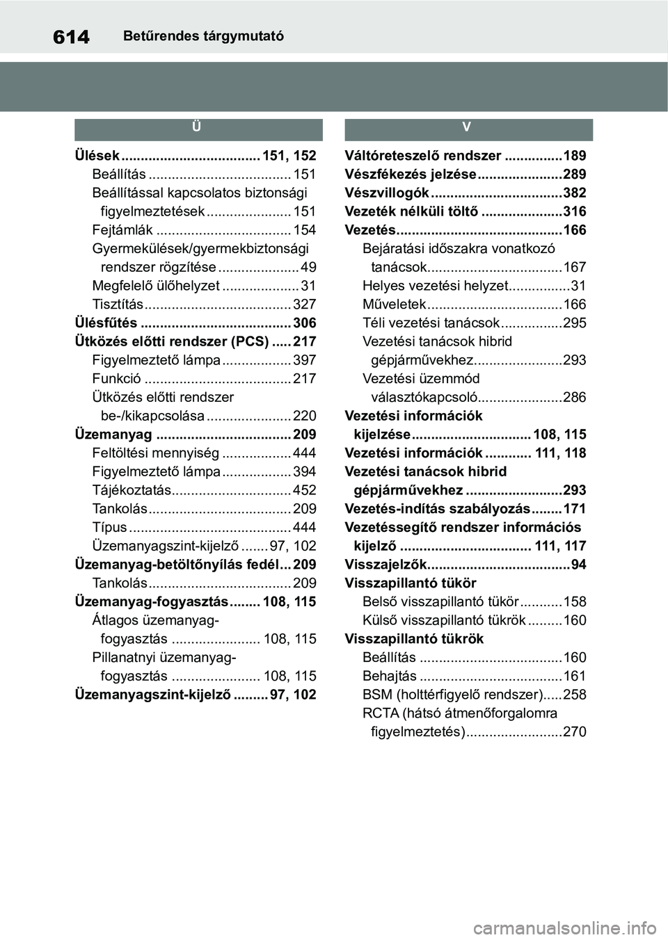 TOYOTA YARIS 2022  Kezelési útmutató (in Hungarian) 614Betűrendes tárgymutató
Ü
Ülések .................................... 151, 152Beállítás ..................................... 151
Beállítással kapcso latos biztonsági 
figyelmeztetések