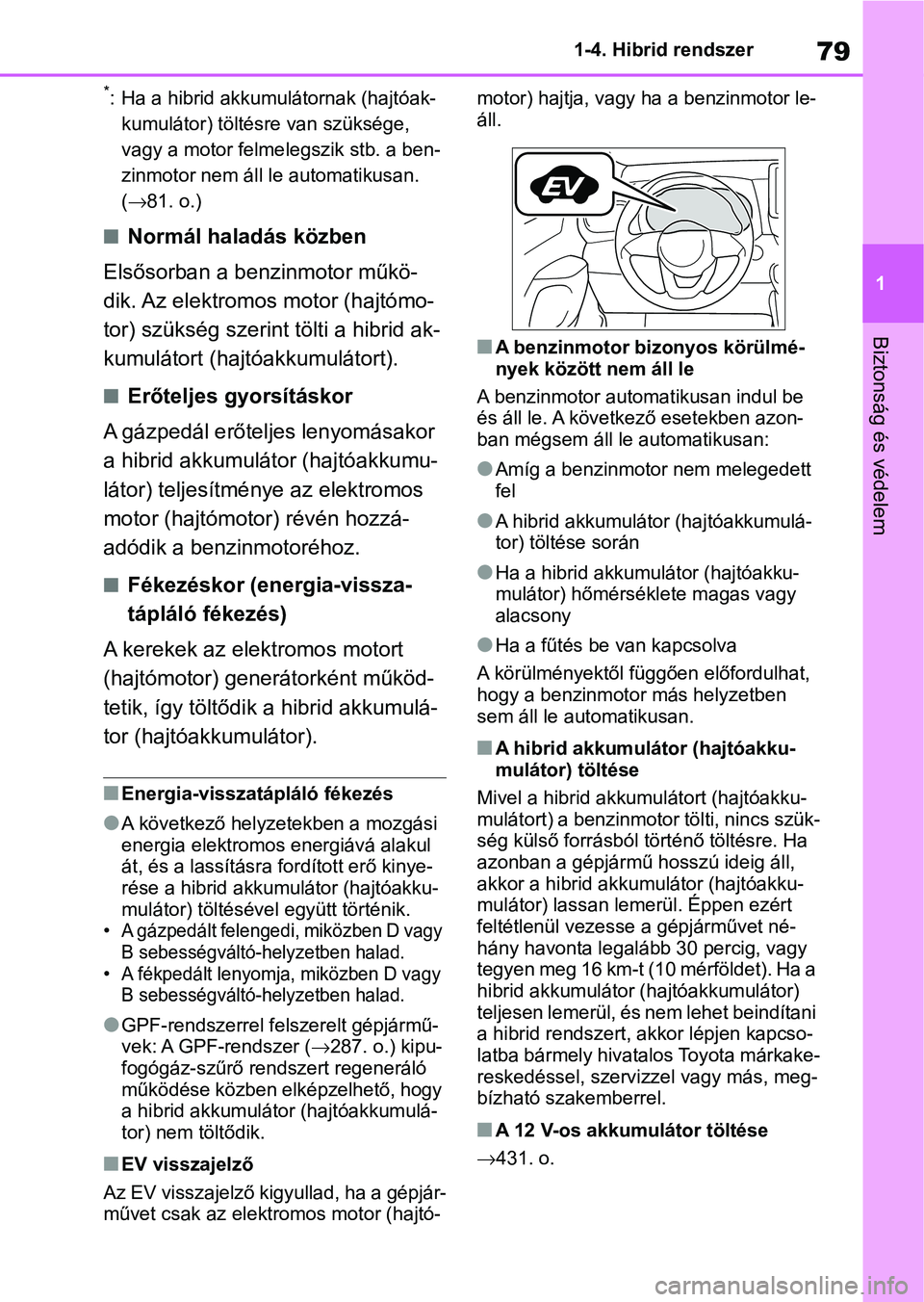 TOYOTA YARIS 2022 Kezelési útmutató (in Hungarian) 79
1
1-4. Hibrid rendszer
Biztonság és védelem
*: Ha a hibrid akkumulátornak (hajtóak-
kumulátor) töltés re van szüksége,
vagy a motor felme legszik stb. a ben-
zinmotor nem áll le automat TOYOTA YARIS 2022 Kezelési útmutató (in Hungarian) 79
1
1-4. Hibrid rendszer
Biztonság és védelem
*: Ha a hibrid akkumulátornak (hajtóak-
kumulátor) töltés re van szüksége,
vagy a motor felme legszik stb. a ben-
zinmotor nem áll le automat