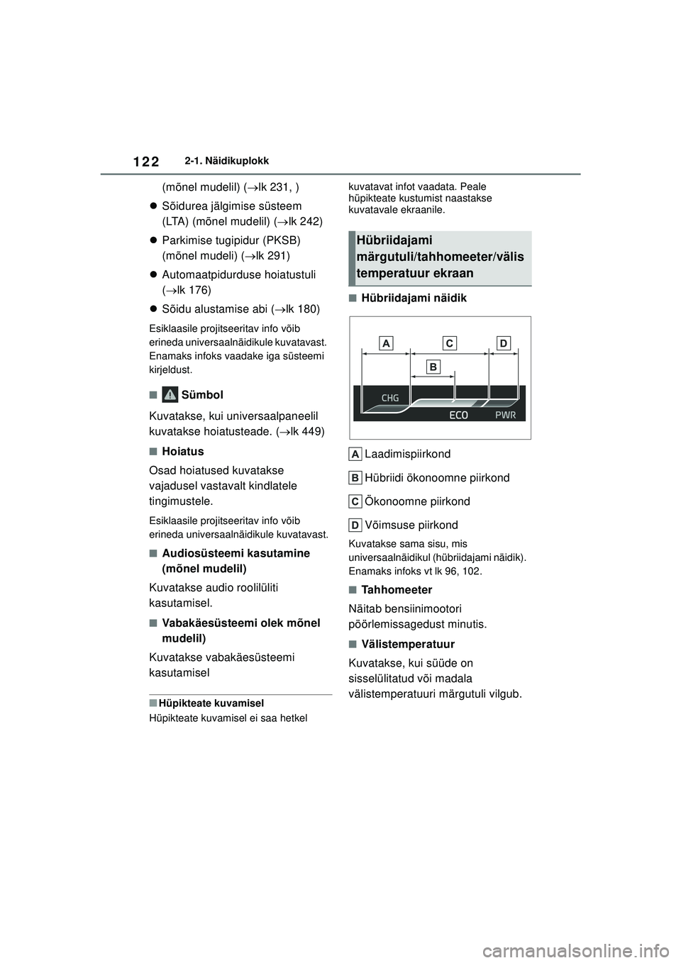 TOYOTA YARIS CROSS 2021 Kasutusjuhend (in Estonian) 122
YARIS CROSS Owners Manual_Europe_M52K60_EE
2-1. Näidikuplokk
(mõnel mudelil) (lk 231, )
Sõidurea jälgimise süsteem
(LTA) (mõnel mudelil) ( lk 242)
Parkimise tugipidur (PKSB) TOYOTA YARIS CROSS 2021 Kasutusjuhend (in Estonian) 122
YARIS CROSS Owners Manual_Europe_M52K60_EE
2-1. Näidikuplokk
(mõnel mudelil) (lk 231, )
Sõidurea jälgimise süsteem
(LTA) (mõnel mudelil) ( lk 242)
Parkimise tugipidur (PKSB)