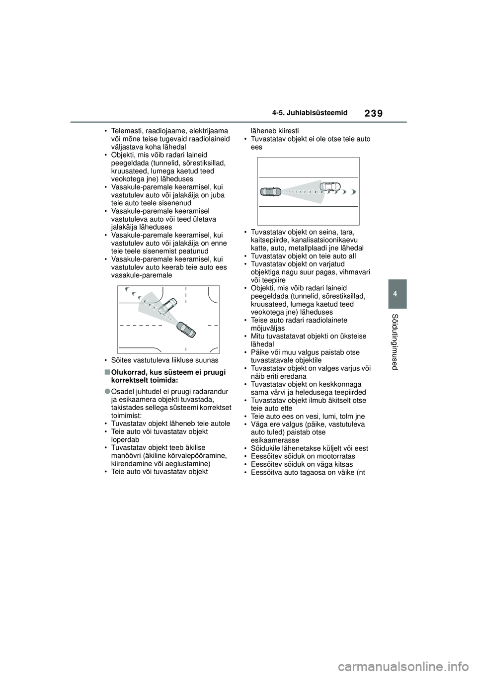 TOYOTA YARIS CROSS 2021 Kasutusjuhend (in Estonian) 239
4
YARIS CROSS Owners Manual_Europe_M52K60_EE
4-5. Juhiabisüsteemid
Sõidutingimused
• Telemasti, raadiojaame, elektrijaama või mõne teise tugevaid raadiolaineid
väljastava koha lähedal
TOYOTA YARIS CROSS 2021 Kasutusjuhend (in Estonian) 239
4
YARIS CROSS Owners Manual_Europe_M52K60_EE
4-5. Juhiabisüsteemid
Sõidutingimused
• Telemasti, raadiojaame, elektrijaama või mõne teise tugevaid raadiolaineid
väljastava koha lähedal