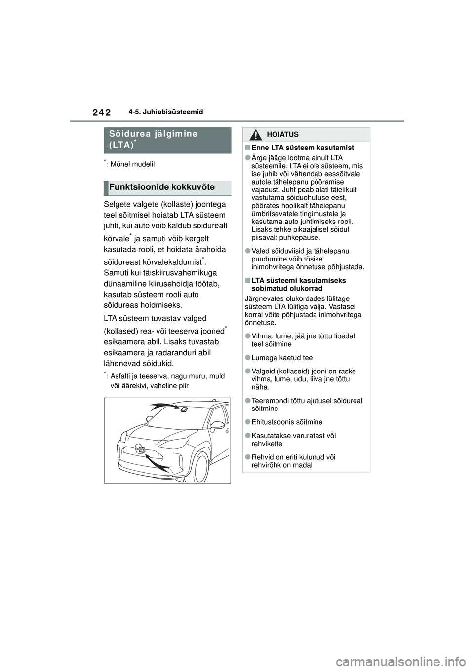 TOYOTA YARIS CROSS 2021 Kasutusjuhend (in Estonian) 242
YARIS CROSS Owners Manual_Europe_M52K60_EE
4-5. Juhiabisüsteemid
*: Mõnel mudelil
Selgete valgete (kollaste) joontega
teel sõitmisel hoiatab LTA süsteem
juhti, kui auto võib kaldub sõidur TOYOTA YARIS CROSS 2021 Kasutusjuhend (in Estonian) 242
YARIS CROSS Owners Manual_Europe_M52K60_EE
4-5. Juhiabisüsteemid
*: Mõnel mudelil
Selgete valgete (kollaste) joontega
teel sõitmisel hoiatab LTA süsteem
juhti, kui auto võib kaldub sõidur