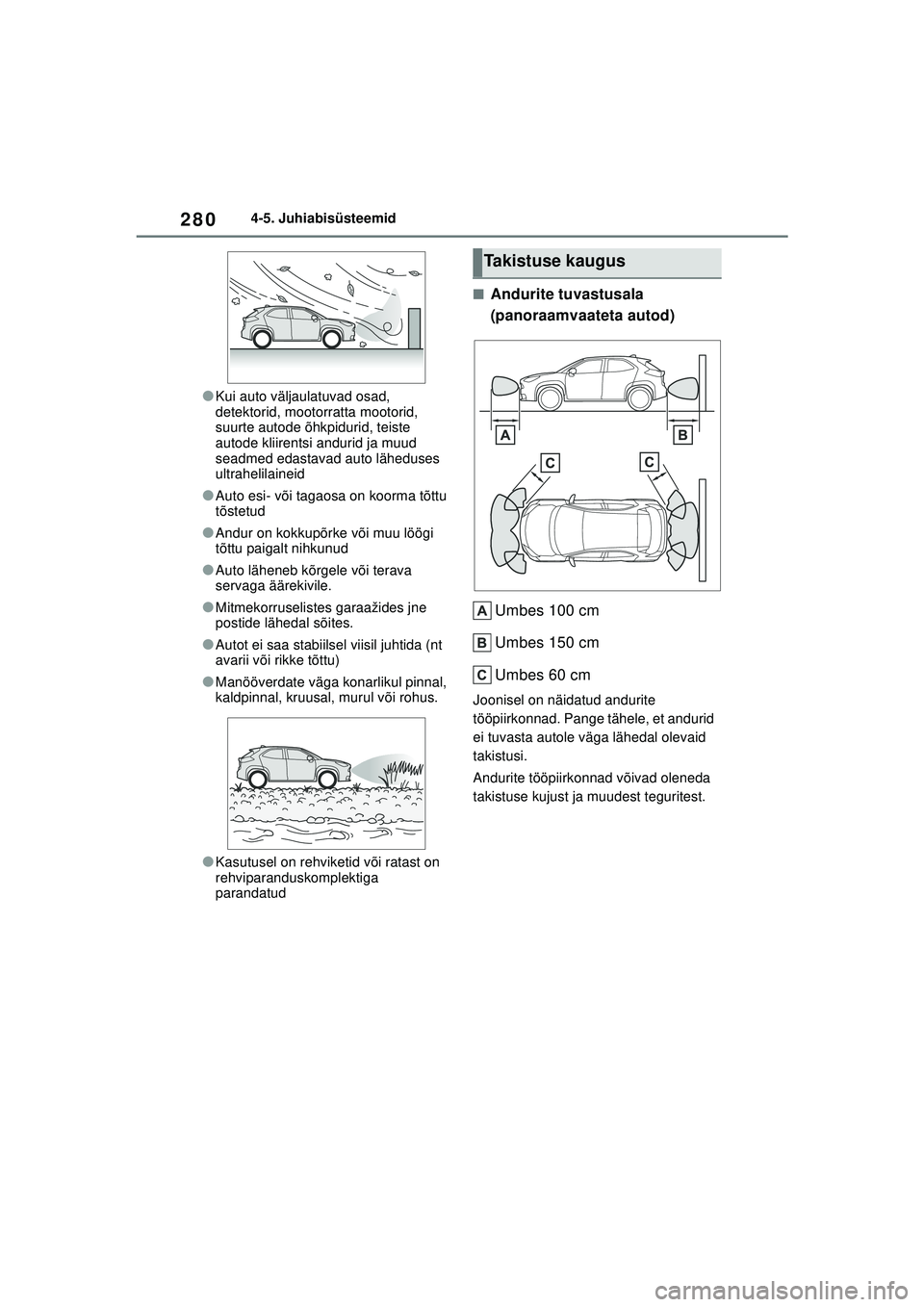 TOYOTA YARIS CROSS 2021  Kasutusjuhend (in Estonian) 280
YARIS CROSS Owners Manual_Europe_M52K60_EE
4-5. Juhiabisüsteemid
●Kui auto väljaulatuvad osad, 
detektorid, mootorratta mootorid, 
suurte autode õhkpidurid, teiste 
autode kliirentsi andurid