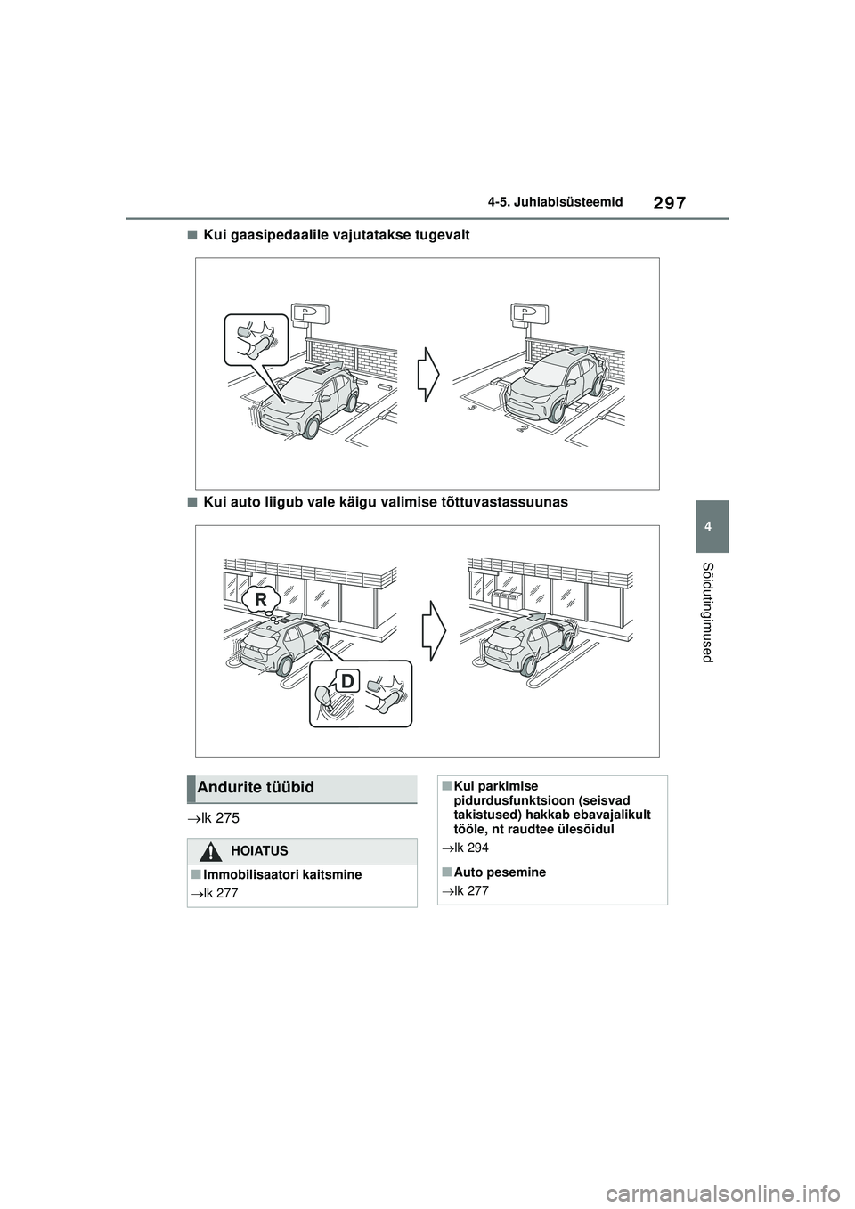 TOYOTA YARIS CROSS 2021 Kasutusjuhend (in Estonian) 297
4
YARIS CROSS Owners Manual_Europe_M52K60_EE
4-5. Juhiabisüsteemid
Sõidutingimused
■Kui gaasipedaalile vajutatakse tugevalt
■Kui auto liigub vale käigu valimise tõttuvastassuunas
lk 2 TOYOTA YARIS CROSS 2021 Kasutusjuhend (in Estonian) 297
4
YARIS CROSS Owners Manual_Europe_M52K60_EE
4-5. Juhiabisüsteemid
Sõidutingimused
■Kui gaasipedaalile vajutatakse tugevalt
■Kui auto liigub vale käigu valimise tõttuvastassuunas
lk 2