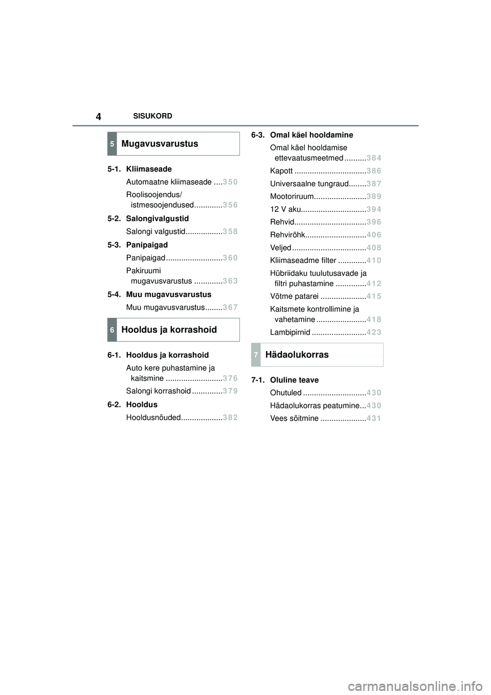 TOYOTA YARIS CROSS 2021  Kasutusjuhend (in Estonian) 4
YARIS CROSS Owners Manual_Europe_M52K60_EE
SISUKORD
5-1. KliimaseadeAutomaatne kliimaseade .... 350
Roolisoojendus/ istmesooj endused............. 356
5-2. Salongivalgustid Salongi va lgustid......