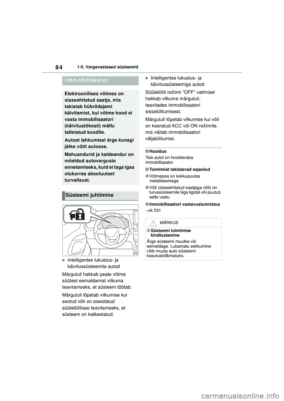 TOYOTA YARIS CROSS 2021  Kasutusjuhend (in Estonian) 84
YARIS CROSS Owners Manual_Europe_M52K60_EE
1-5. Vargavastased süsteemid
1-5.Vargavastased süsteemid
�XIntelligentse lukustus- ja 
käivitussüsteemita autod
Märgutuli hakkab peale võtme 
süü