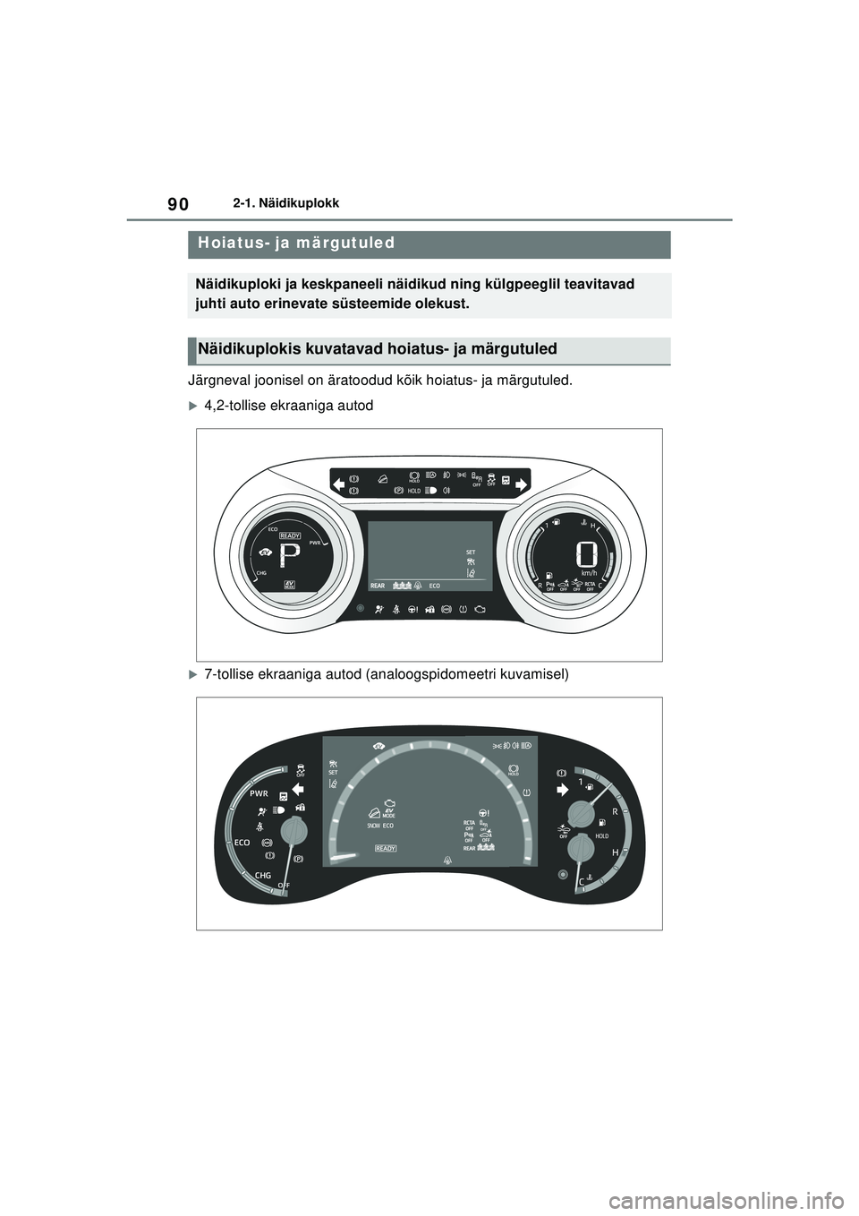 TOYOTA YARIS CROSS 2021  Kasutusjuhend (in Estonian) 90
YARIS CROSS Owners Manual_Europe_M52K60_EE
2-1. Näidikuplokk
2 -1 .Nä idi kupl okk
Järgneval joonisel on äratoodud kõik hoiatus- ja märgutuled.
�X4,2-tollise ekraaniga autod
�X7-tollise ekra