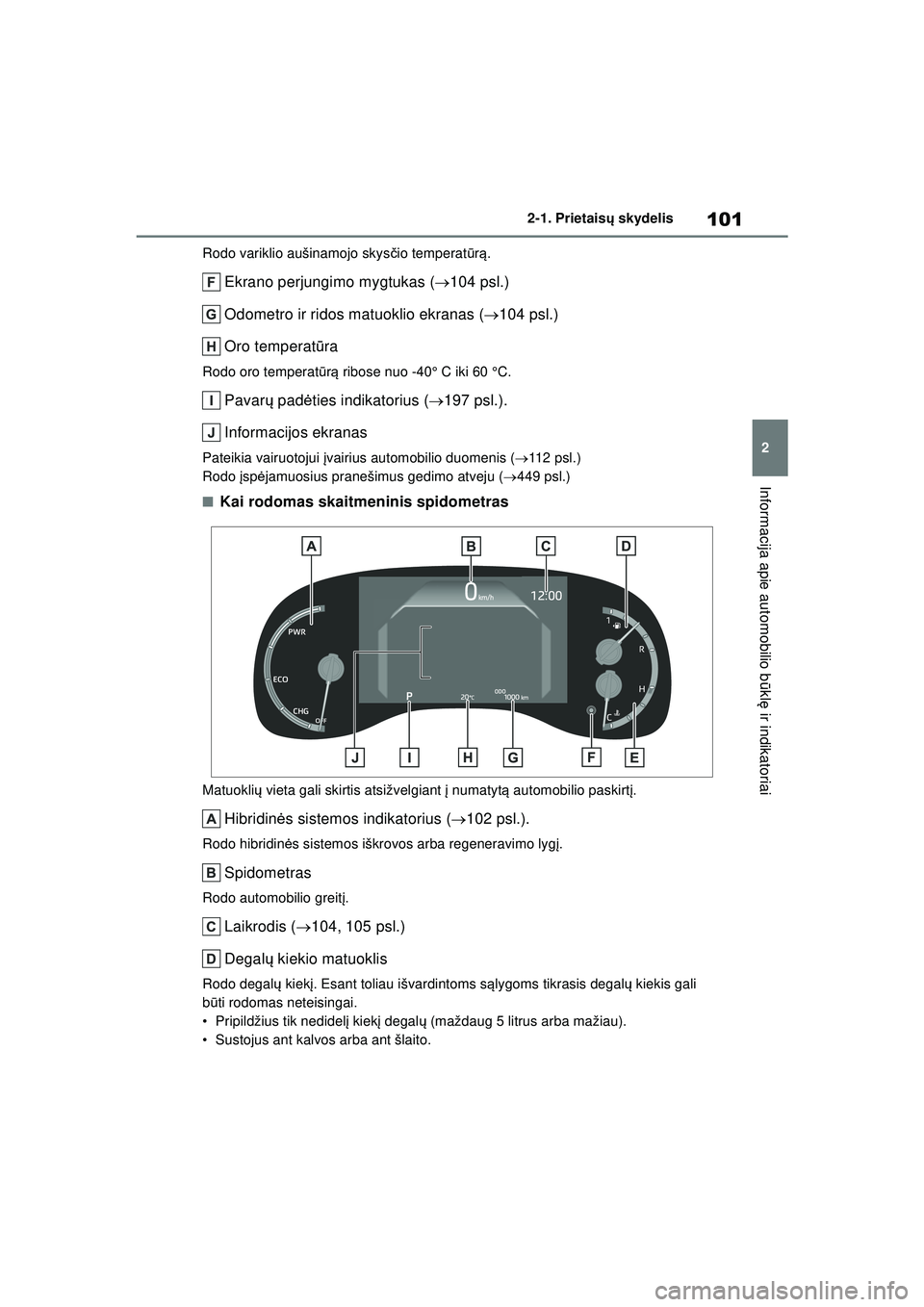 TOYOTA YARIS CROSS 2021 Eksploatavimo vadovas (in Lithuanian) 101
2
YARIS CROSS Owners Manual_Europe_M52K60_LT
2-1. Prietaisų skydelis
Informacija apie automobilio b ūkl ę ir indikatoriai
Rodo variklio aušinamojo skys čio temperat ūrą .
Ekrano perjungimo TOYOTA YARIS CROSS 2021 Eksploatavimo vadovas (in Lithuanian) 101
2
YARIS CROSS Owners Manual_Europe_M52K60_LT
2-1. Prietaisų skydelis
Informacija apie automobilio b ūkl ę ir indikatoriai
Rodo variklio aušinamojo skys čio temperat ūrą .
Ekrano perjungimo