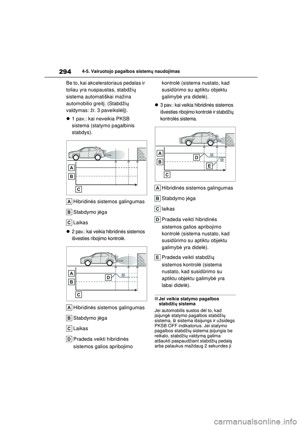 TOYOTA YARIS CROSS 2021 Eksploatavimo vadovas (in Lithuanian) 294
YARIS CROSS Owners Manual_Europe_M52K60_LT
4-5. Vairuotojo pagalbos sistemų naudojimas
Be to, kai akceleratoriaus pedalas ir
toliau yra nuspaustas, stabdži ų
sistema automatiškai mažina
a TOYOTA YARIS CROSS 2021 Eksploatavimo vadovas (in Lithuanian) 294
YARIS CROSS Owners Manual_Europe_M52K60_LT
4-5. Vairuotojo pagalbos sistemų naudojimas
Be to, kai akceleratoriaus pedalas ir
toliau yra nuspaustas, stabdži ų
sistema automatiškai mažina
a
