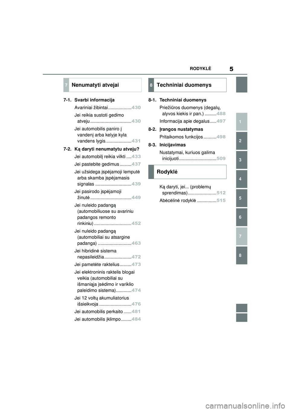 TOYOTA YARIS CROSS 2021  Eksploatavimo vadovas (in Lithuanian) 5
YARIS CROSS Owners Manual_Europe_M52K60_LT
RODYKLĖ
1
6 5
4
3
2
8
7
7-1. Svarbi informacija
Avariniai žibintai .................. 430
Jei reikia sustoti gedimo  atveju ............................