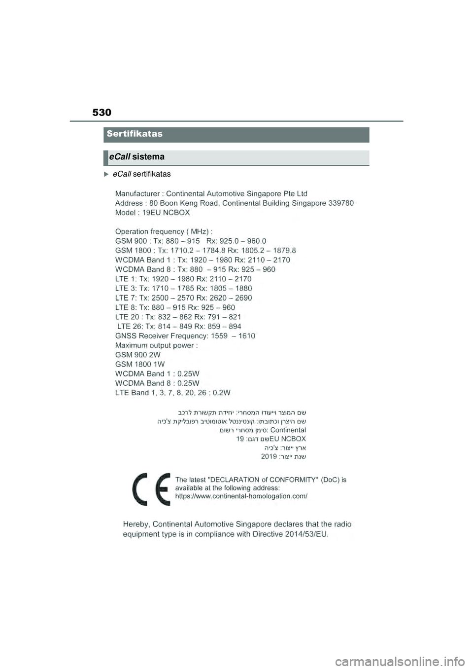 TOYOTA YARIS CROSS 2021  Eksploatavimo vadovas (in Lithuanian) 530
YARIS CROSS Owners Manual_Europe_M52K60_LT
�XeCall sertifikatas
Ser tifikatas
eCall  sistema
YARIS_CROSS_HV_OM_Europe_OM52K60LT.book  Page 530  Wednesday, July 7, 2021  10:28 AM 