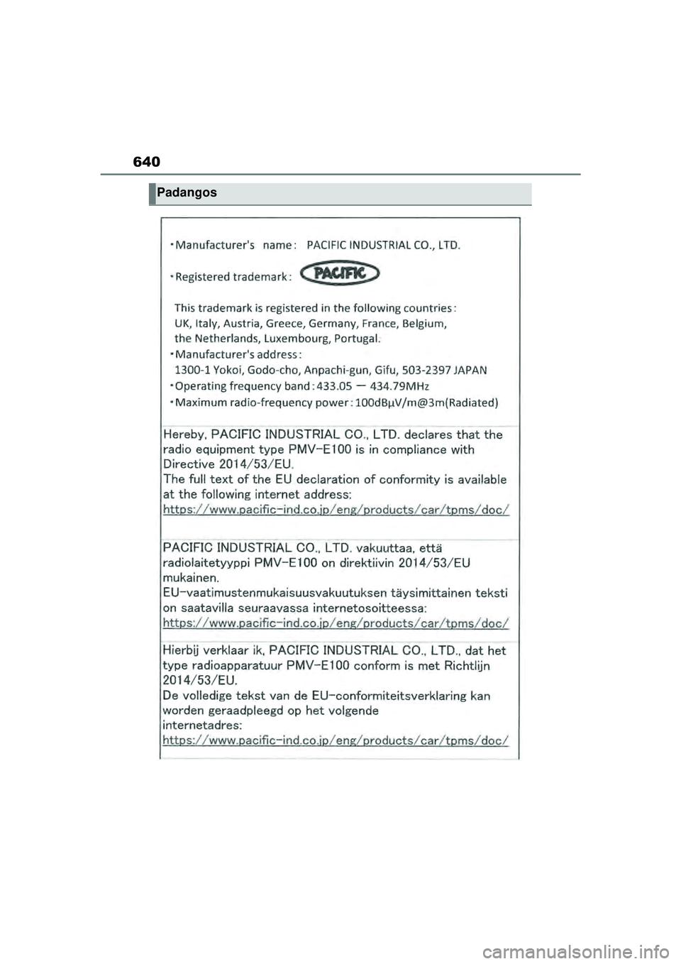 TOYOTA YARIS CROSS 2021  Eksploatavimo vadovas (in Lithuanian) 640
YARIS CROSS Owners Manual_Europe_M52K60_LT
Padangos
YARIS_CROSS_HV_OM_Europe_OM52K60LT.book  Page 640  Wednesday, July 7, 2021  10:28 AM 