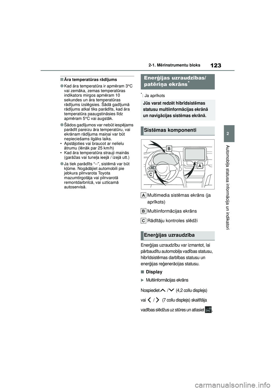 TOYOTA YARIS CROSS 2021 Lietošanas Instrukcija (in Latvian) 123
2
YARIS CROSS Owners Manual_Europe_M52K60_LV
2-1. Mērinstrumentu bloks
Automobi ļa statusa inform ācija un indikatori
■Ā ra temperat ūras r ād ījums
●Kad āra temperat ūra ir apm ēr TOYOTA YARIS CROSS 2021 Lietošanas Instrukcija (in Latvian) 123
2
YARIS CROSS Owners Manual_Europe_M52K60_LV
2-1. Mērinstrumentu bloks
Automobi ļa statusa inform ācija un indikatori
■Ā ra temperat ūras r ād ījums
●Kad āra temperat ūra ir apm ēr
