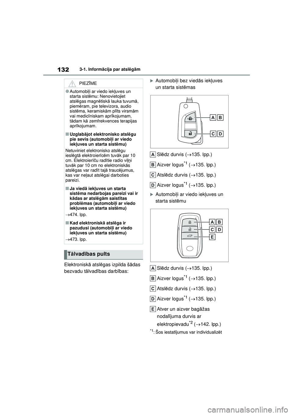 TOYOTA YARIS CROSS 2021  Lietošanas Instrukcija (in Latvian) 132
YARIS CROSS Owners Manual_Europe_M52K60_LV
3-1. Informācija par atsl ēg ām
Elektronisk ā atsl ēgas izpilda š ādas 
bezvadu t ālvad ības darb ības:
�XAutomobi ļi bez vied ās iek ļuves