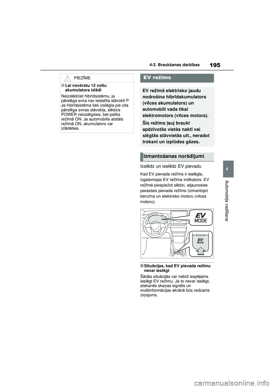TOYOTA YARIS CROSS 2021 Lietošanas Instrukcija (in Latvian) 195
4
YARIS CROSS Owners Manual_Europe_M52K60_LV
4-2. Braukšanas darbības
Automobi ļa vadī šana
Izslēdz un iesl ēdz EV pievadu
Kad EV pievada rež īms ir iesl ēgts,
izgaismojas EV rež īma TOYOTA YARIS CROSS 2021 Lietošanas Instrukcija (in Latvian) 195
4
YARIS CROSS Owners Manual_Europe_M52K60_LV
4-2. Braukšanas darbības
Automobi ļa vadī šana
Izslēdz un iesl ēdz EV pievadu
Kad EV pievada rež īms ir iesl ēgts,
izgaismojas EV rež īma