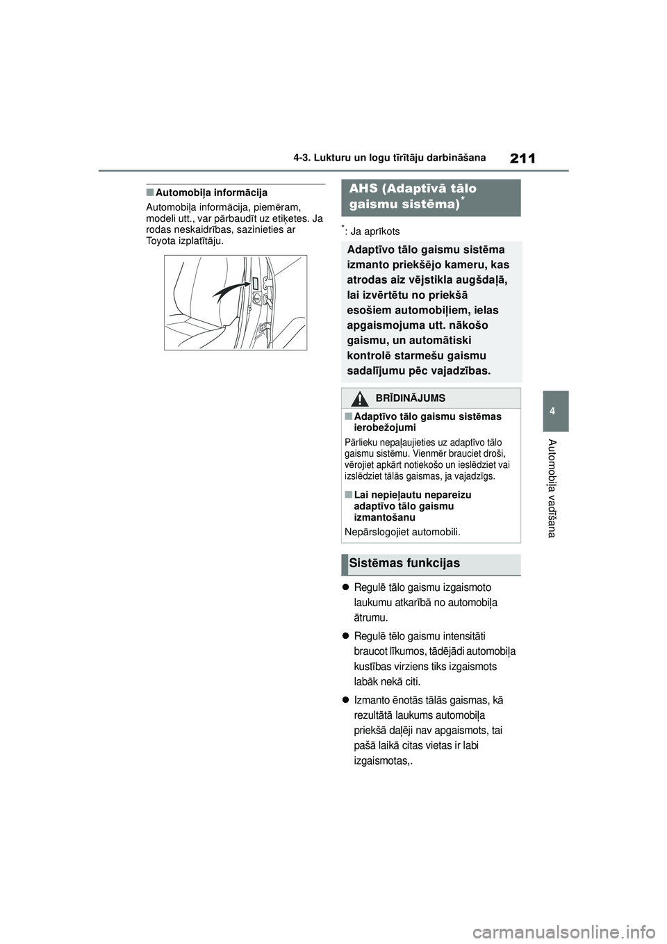 TOYOTA YARIS CROSS 2021  Lietošanas Instrukcija (in Latvian) 211
4
YARIS CROSS Owners Manual_Europe_M52K60_LV
4-3. Lukturu un logu tīr īt ā ju darbin āšana
Automobi ļa vadī šana
■Automobi ļa inform ācija
Automobi ļa inform ācija, piem ēram, 
mod