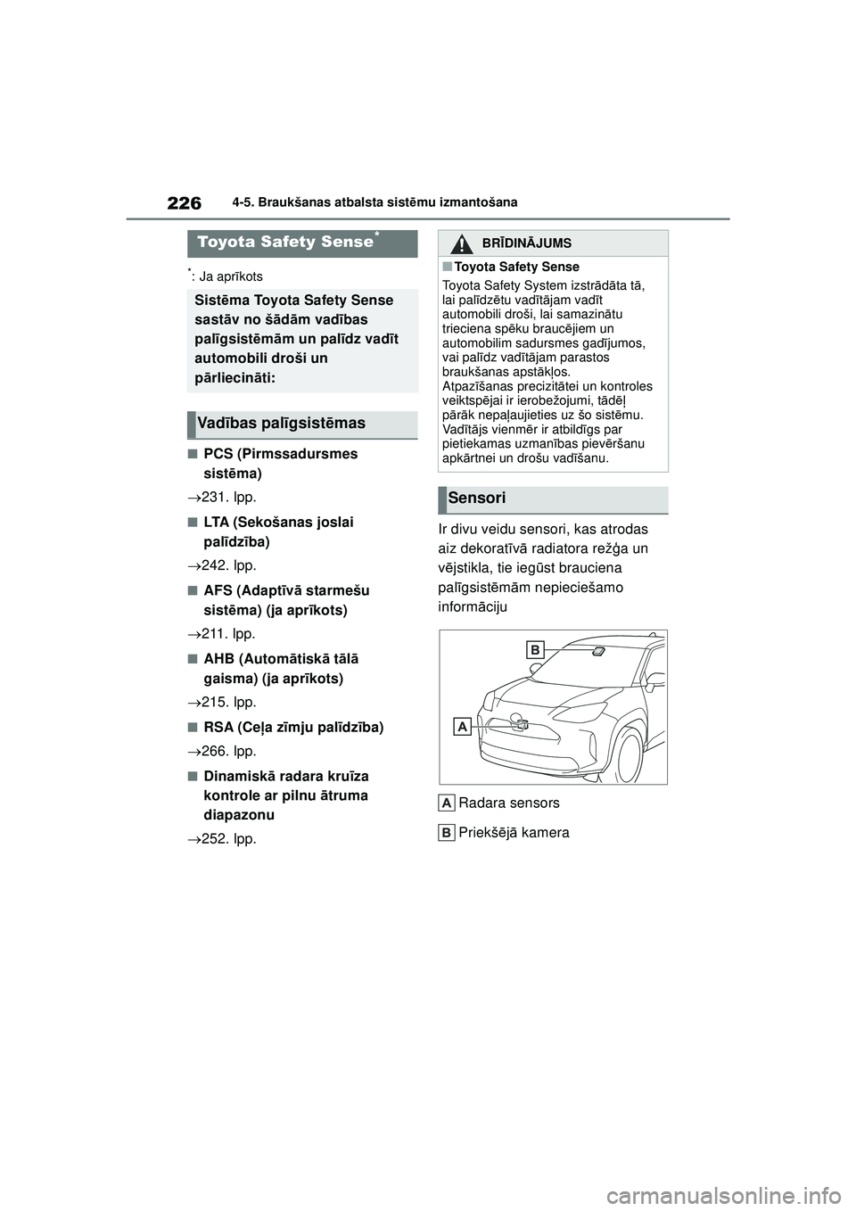 TOYOTA YARIS CROSS 2021  Lietošanas Instrukcija (in Latvian) 226
YARIS CROSS Owners Manual_Europe_M52K60_LV
4-5. Braukšanas atbalsta sistēmu izmantošana
4 -5 .B r au k š an a s at b a ls t a si st ēmu i zma nt oša na
*: Ja apr īkots
■PCS (Pirmssadursm