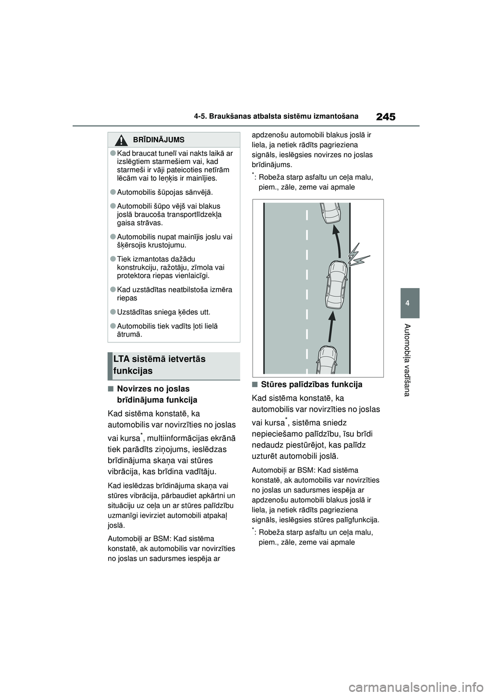 TOYOTA YARIS CROSS 2021 Lietošanas Instrukcija (in Latvian) 245
4
YARIS CROSS Owners Manual_Europe_M52K60_LV
4-5. Braukšanas atbalsta sistēmu izmantošana
Automobi ļa vadī šana
■Novirzes no joslas
brīdinā juma funkcija
Kad sist ēma konstat ē, ka
TOYOTA YARIS CROSS 2021 Lietošanas Instrukcija (in Latvian) 245
4
YARIS CROSS Owners Manual_Europe_M52K60_LV
4-5. Braukšanas atbalsta sistēmu izmantošana
Automobi ļa vadī šana
■Novirzes no joslas
brīdinā juma funkcija
Kad sist ēma konstat ē, ka