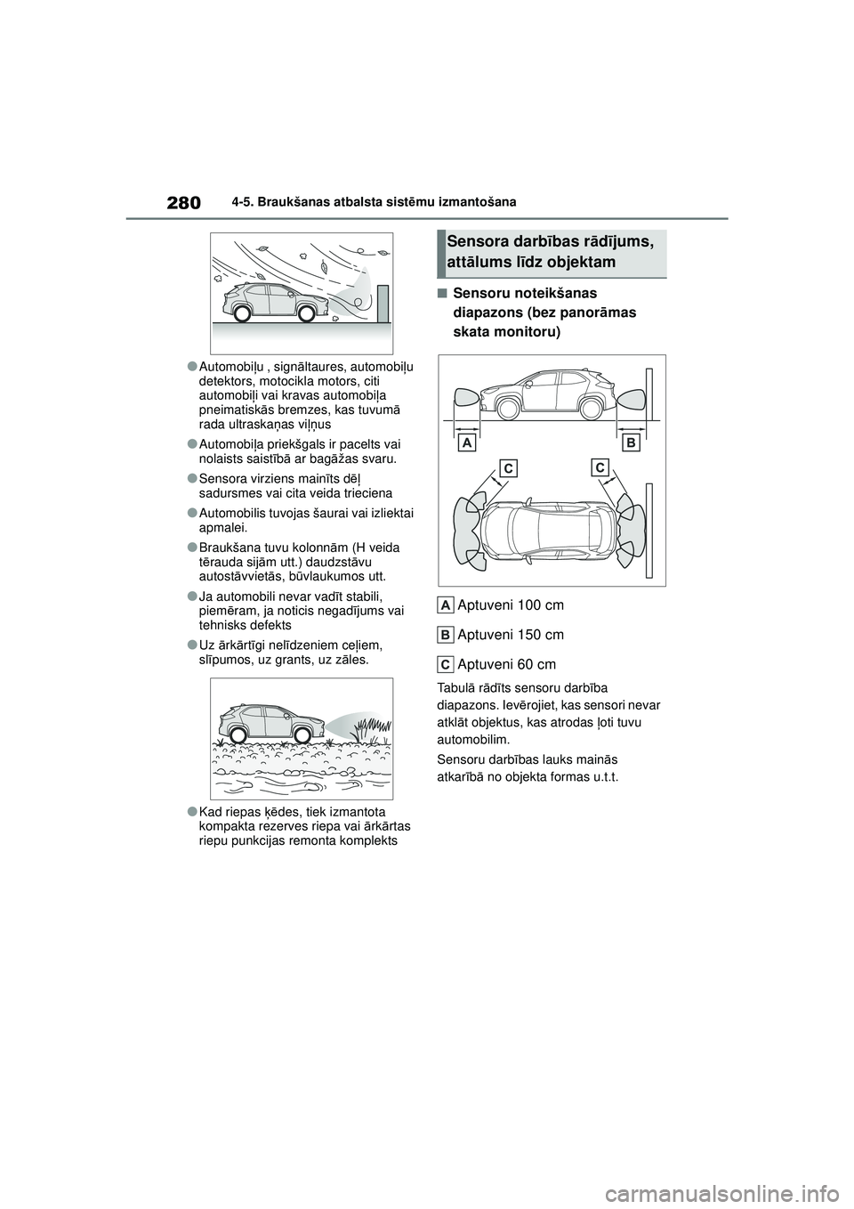 TOYOTA YARIS CROSS 2021  Lietošanas Instrukcija (in Latvian) 280
YARIS CROSS Owners Manual_Europe_M52K60_LV
4-5. Braukšanas atbalsta sistēmu izmantošana
●Automobi ļu , sign āltaures, automobi ļu 
detektors, motocikla motors, citi 
automobi ļi vai krav