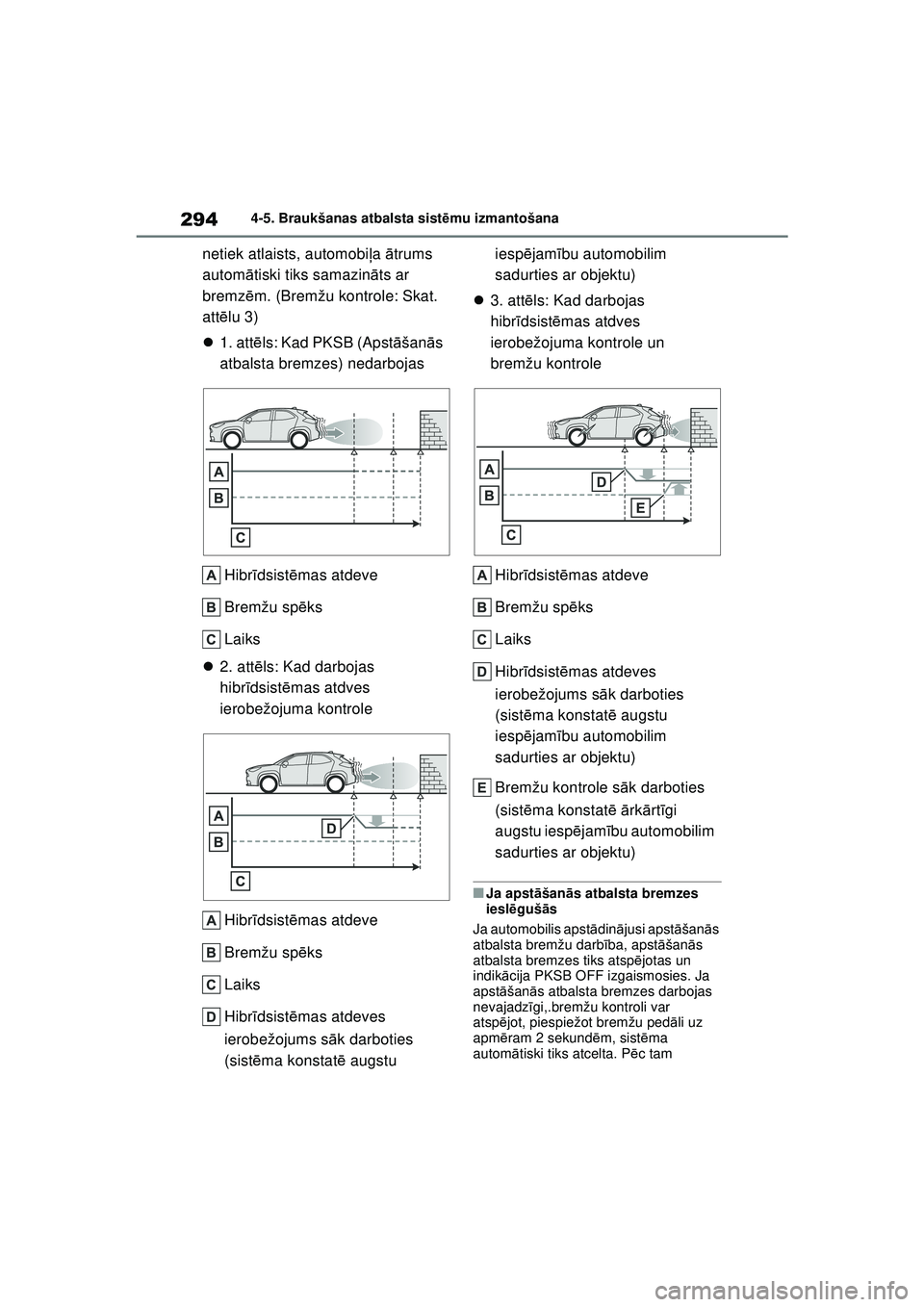 TOYOTA YARIS CROSS 2021  Lietošanas Instrukcija (in Latvian) 294
YARIS CROSS Owners Manual_Europe_M52K60_LV
4-5. Braukšanas atbalsta sistēmu izmantošana
netiek atlaists, automobi ļa  ātrums 
autom ātiski tiks samazin āts ar 
bremz ēm. (Bremžu kontrole