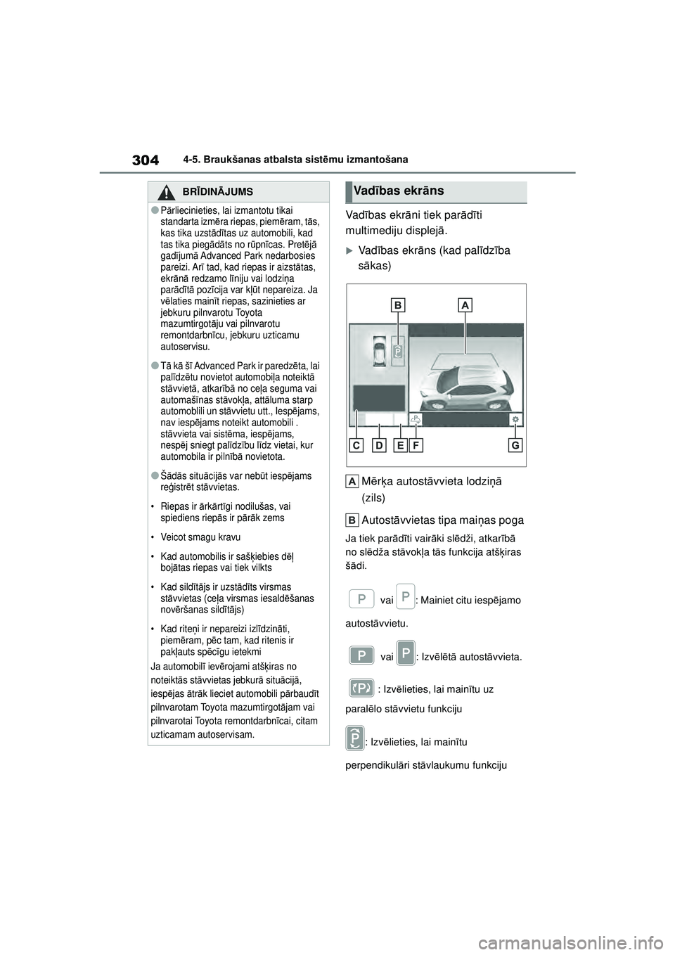 TOYOTA YARIS CROSS 2021  Lietošanas Instrukcija (in Latvian) 304
YARIS CROSS Owners Manual_Europe_M52K60_LV
4-5. Braukšanas atbalsta sistēmu izmantošana
Va d ības ekr āni tiek par ādīti 
multimediju displej ā.
�XVa d ības ekr āns (kad pal īdz ība 
