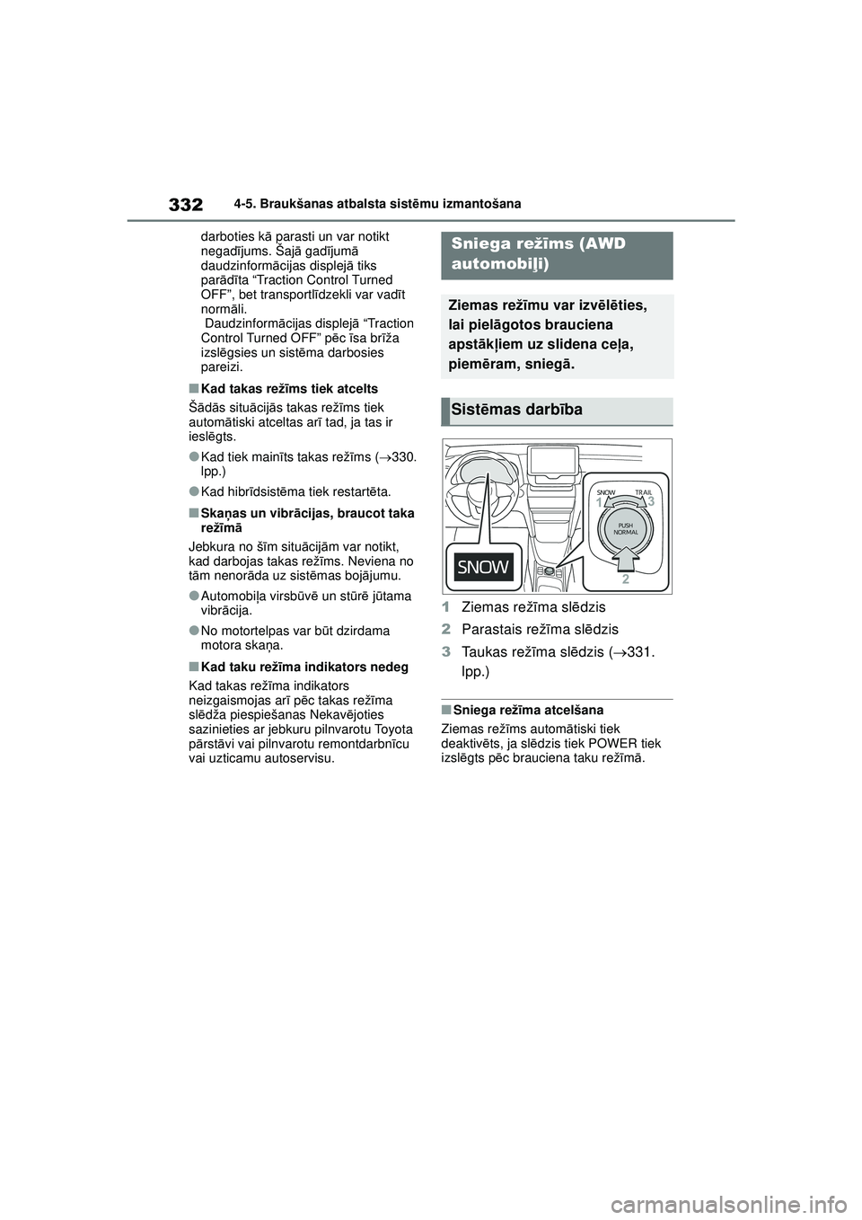 TOYOTA YARIS CROSS 2021 Lietošanas Instrukcija (in Latvian) 332
YARIS CROSS Owners Manual_Europe_M52K60_LV
4-5. Braukšanas atbalsta sistēmu izmantošana
darboties k ā parasti un var notikt
negad ījums. Šaj ā gadī jumā
daudzinform ācijas displej ā TOYOTA YARIS CROSS 2021 Lietošanas Instrukcija (in Latvian) 332
YARIS CROSS Owners Manual_Europe_M52K60_LV
4-5. Braukšanas atbalsta sistēmu izmantošana
darboties k ā parasti un var notikt
negad ījums. Šaj ā gadī jumā
daudzinform ācijas displej ā