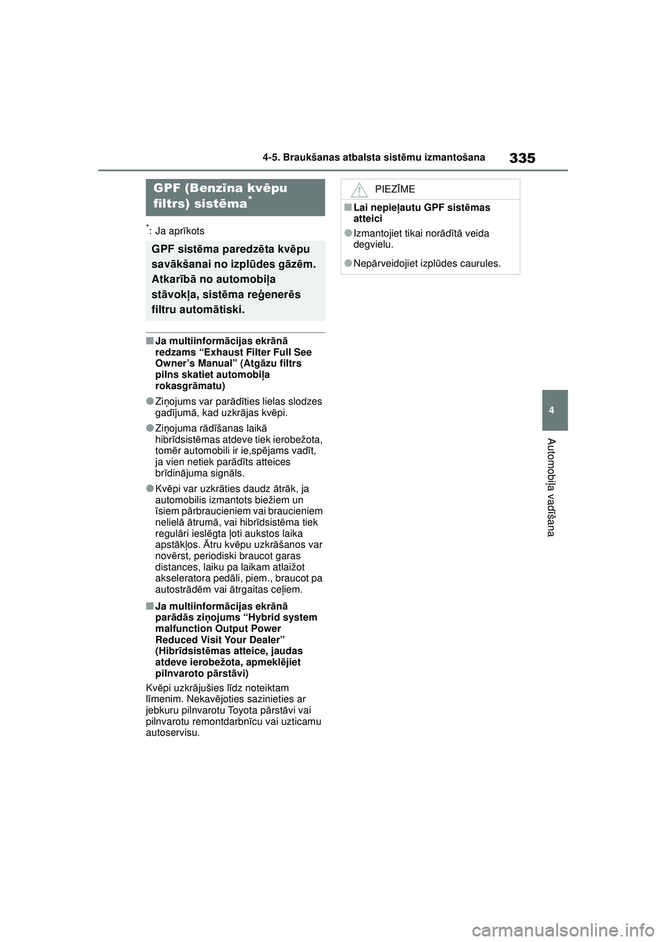 TOYOTA YARIS CROSS 2021 Lietošanas Instrukcija (in Latvian) 335
4
YARIS CROSS Owners Manual_Europe_M52K60_LV
4-5. Braukšanas atbalsta sistēmu izmantošana
Automobi ļa vadī šana
*: Ja apr īkots
■Ja multiinform ācijas ekr ān ā
redzams “Exhaust Fil TOYOTA YARIS CROSS 2021 Lietošanas Instrukcija (in Latvian) 335
4
YARIS CROSS Owners Manual_Europe_M52K60_LV
4-5. Braukšanas atbalsta sistēmu izmantošana
Automobi ļa vadī šana
*: Ja apr īkots
■Ja multiinform ācijas ekr ān ā
redzams “Exhaust Fil