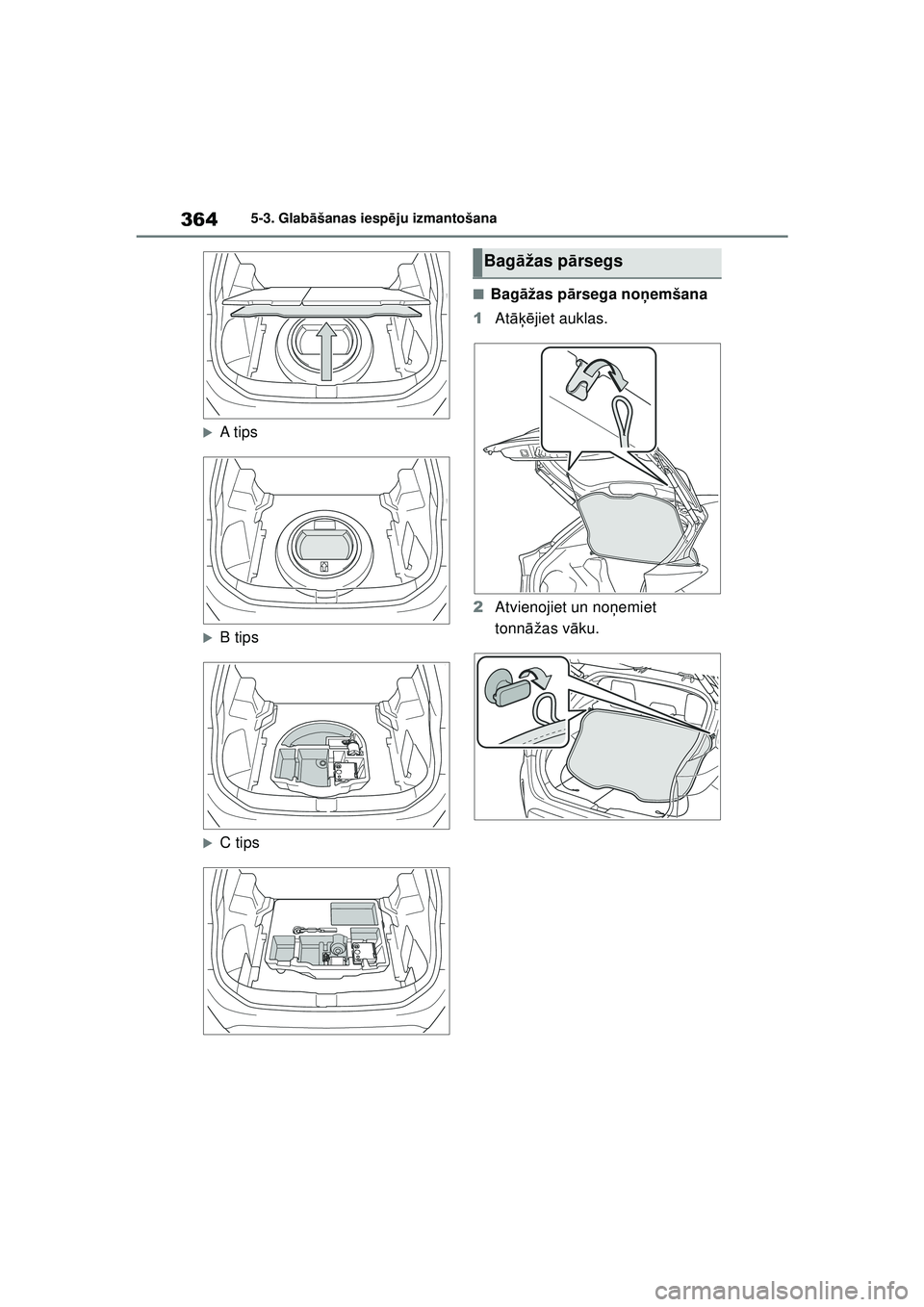 TOYOTA YARIS CROSS 2021  Lietošanas Instrukcija (in Latvian) 364
YARIS CROSS Owners Manual_Europe_M52K60_LV
5-3. Glabāšanas iesp ēju izmantošana
�XA tips
�XB tips
�XC tips
■Bag āžas p ārsega no ņemšana
1 Atāķējiet auklas.
2 Atvienojiet un no ņem