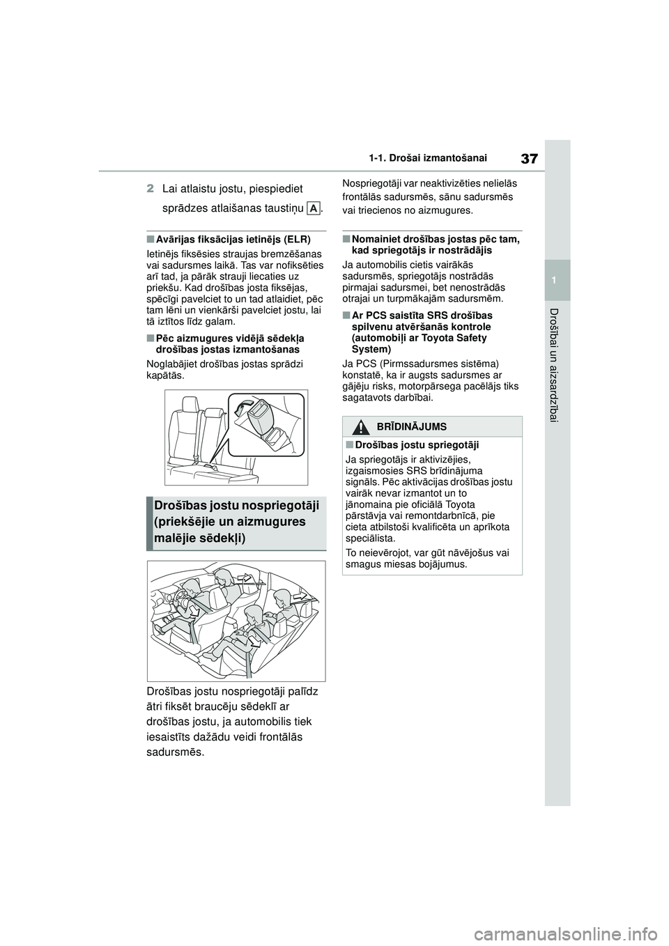 TOYOTA YARIS CROSS 2021  Lietošanas Instrukcija (in Latvian) 37
1
YARIS CROSS Owners Manual_Europe_M52K60_LV
1-1. Drošai izmantošanai
Drošībai un aizsardz ībai
2 Lai atlaistu jostu, piespiediet 
sprādzes atlaišanas tausti ņu .
■Av ārijas fiksā cija