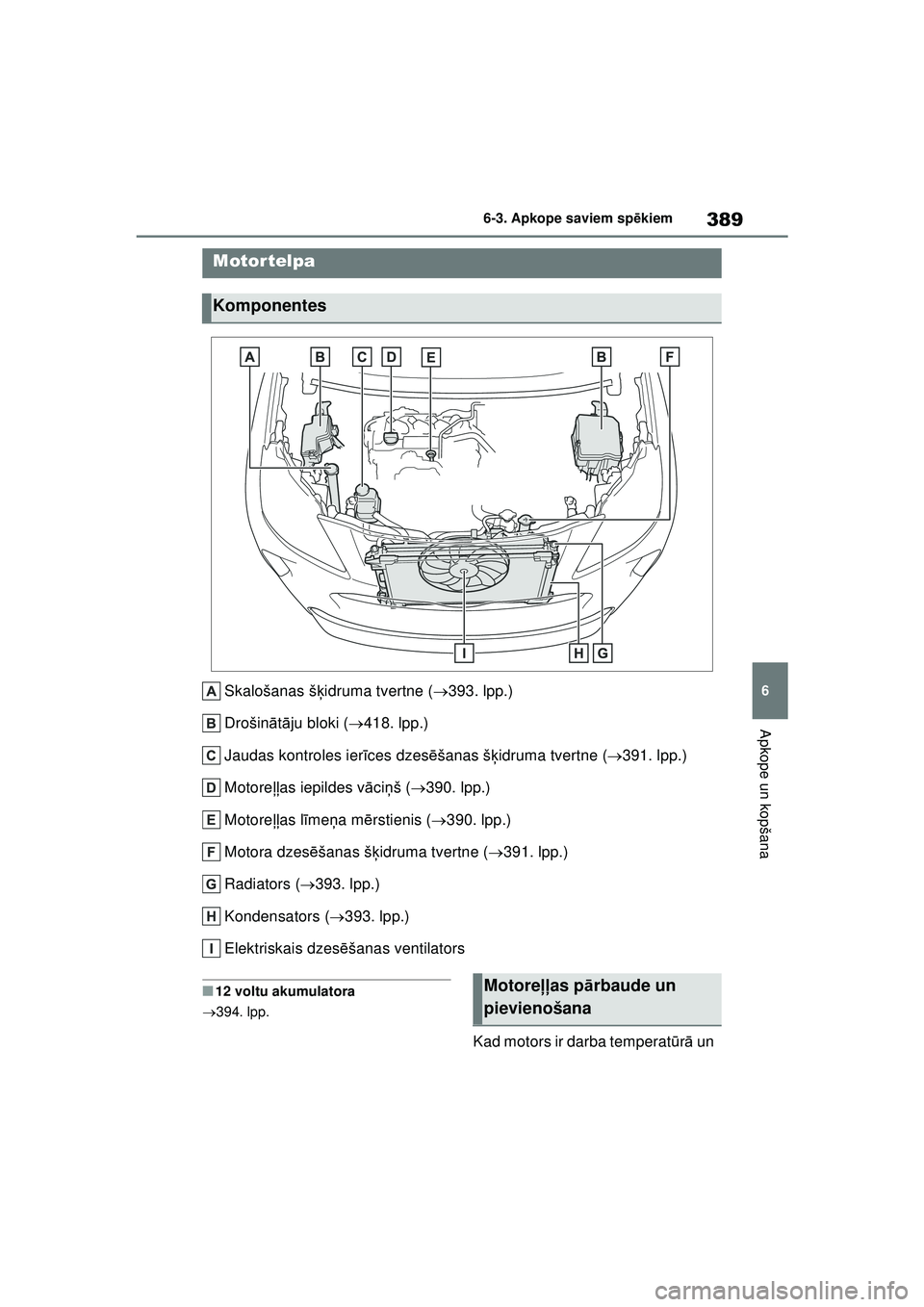 TOYOTA YARIS CROSS 2021  Lietošanas Instrukcija (in Latvian) 389
6
YARIS CROSS Owners Manual_Europe_M52K60_LV
6-3. Apkope saviem spēkiem
Apkope un kopšana
Skalošanas š ķidruma tvertne ( 393. lpp.)
Drošin ātā ju bloki ( 418. lpp.)
Jaudas kontroles