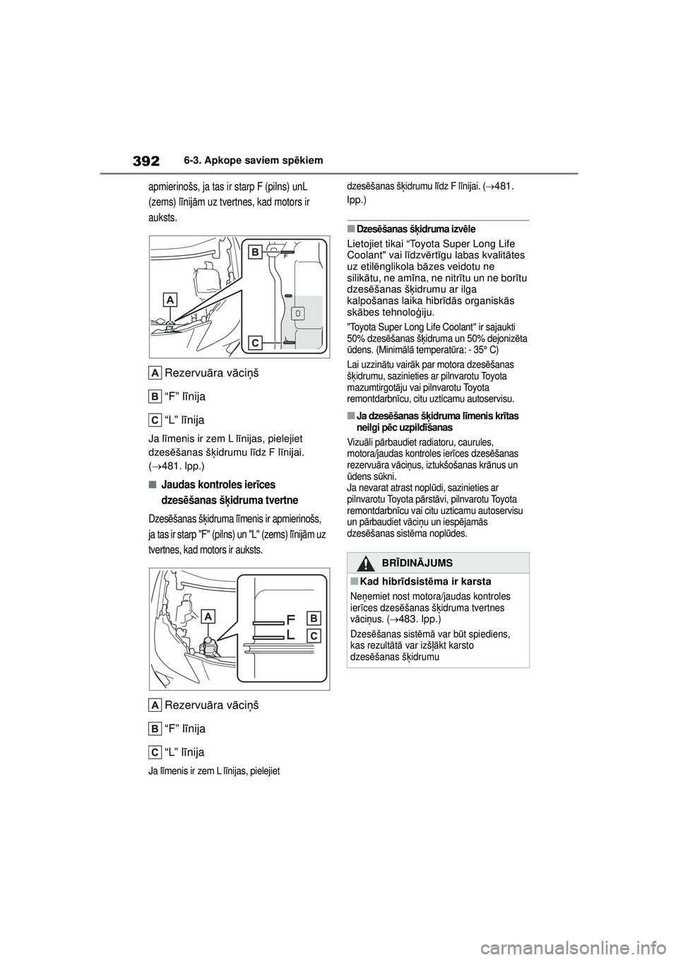 TOYOTA YARIS CROSS 2021 Lietošanas Instrukcija (in Latvian) 392
YARIS CROSS Owners Manual_Europe_M52K60_LV
6-3. Apkope saviem spēkiem
apmierinošs, ja tas ir starp F (pilns) unL
(zems) l īnij ām uz tvertnes, kad motors ir
auksts.
Rezervu āra v āci ņš TOYOTA YARIS CROSS 2021 Lietošanas Instrukcija (in Latvian) 392
YARIS CROSS Owners Manual_Europe_M52K60_LV
6-3. Apkope saviem spēkiem
apmierinošs, ja tas ir starp F (pilns) unL
(zems) l īnij ām uz tvertnes, kad motors ir
auksts.
Rezervu āra v āci ņš