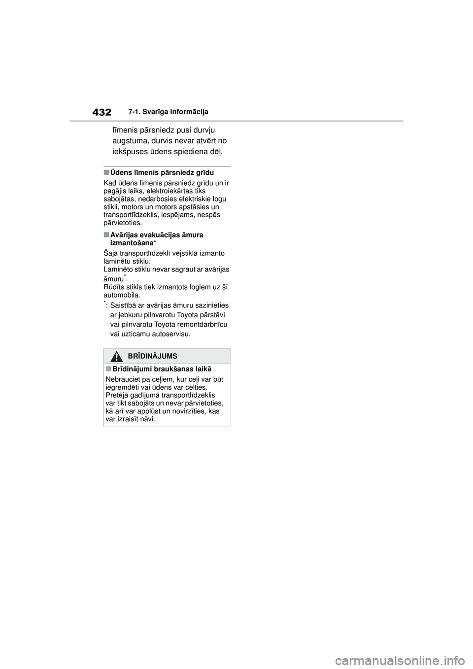 TOYOTA YARIS CROSS 2021  Lietošanas Instrukcija (in Latvian) 432
YARIS CROSS Owners Manual_Europe_M52K60_LV
7-1. Svarīga inform ācija
lī menis pā rsniedz pusi durvju 
augstuma, durvis nevar atv ērt no 
iekšpuses  ūdens spiediena d ēļ.
■Ūdens l īme