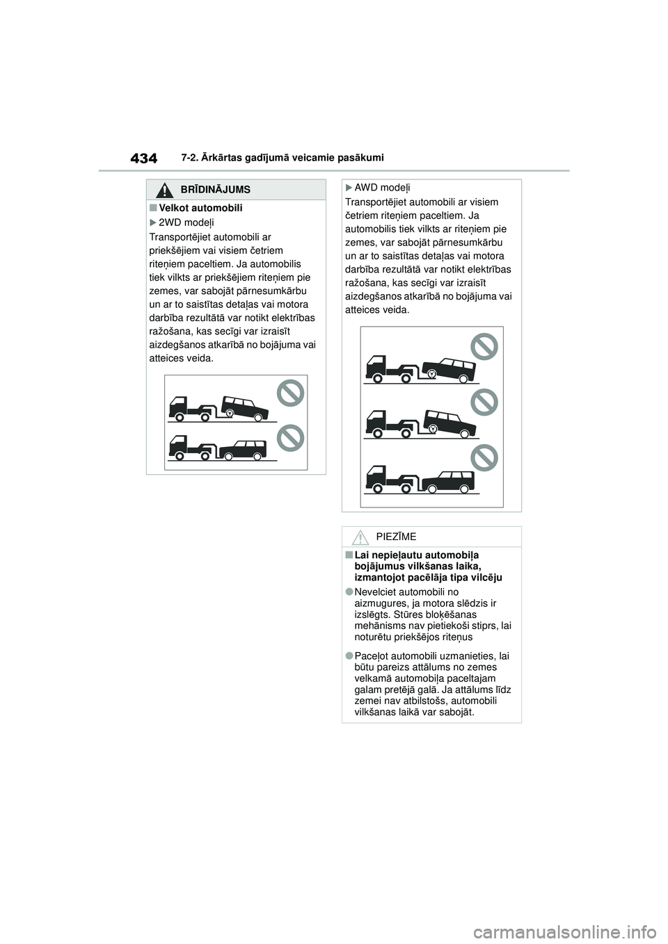 TOYOTA YARIS CROSS 2021  Lietošanas Instrukcija (in Latvian) 434
YARIS CROSS Owners Manual_Europe_M52K60_LV
7-2. Ārk ārtas gad ījum ā veicamie pas ākumi
BRĪ DINĀ JUMS
■Velkot automobili
�X2WD mode ļi
Transport ējiet automobili ar 
priekš ējiem vai