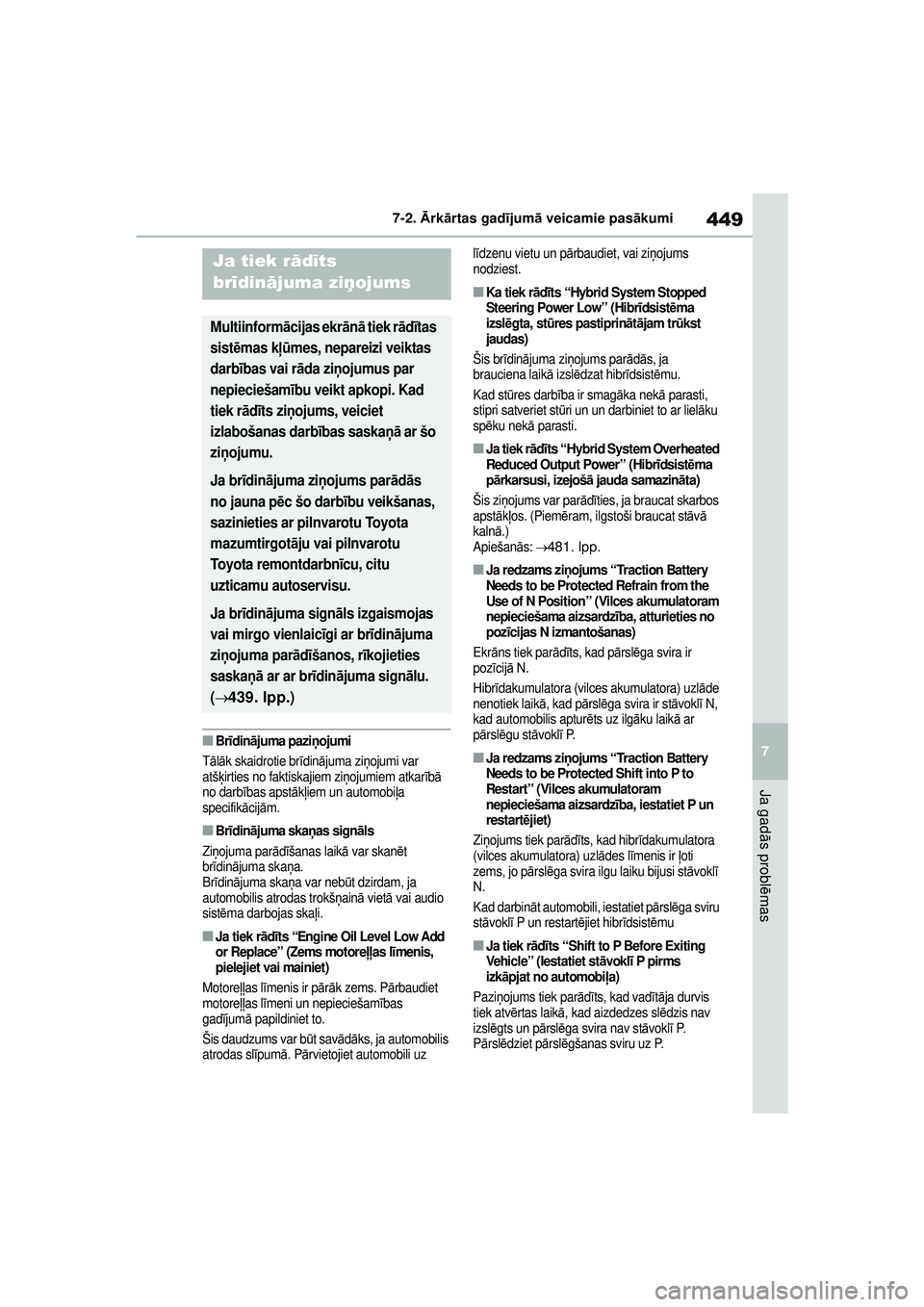 TOYOTA YARIS CROSS 2021  Lietošanas Instrukcija (in Latvian) 449
7
YARIS CROSS Owners Manual_Europe_M52K60_LV
7-2. Ārk ārtas gad ījum ā veicamie pas ākumi
Ja gad ās probl ēmas
■Br īdin ājuma paziņ ojumi
Tālā k skaidrotie br īdinā juma zi ņojum