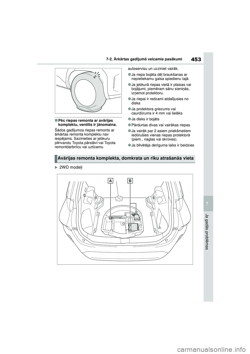 TOYOTA YARIS CROSS 2021 Lietošanas Instrukcija (in Latvian) 453
7
YARIS CROSS Owners Manual_Europe_M52K60_LV
7-2. Ārk ārtas gad ījum ā veicamie pas ākumi
Ja gad ās probl ēmas
■P ēc riepas remonta ar av ārijas
komplektu, ventilis ir j ānomaina.
Š TOYOTA YARIS CROSS 2021 Lietošanas Instrukcija (in Latvian) 453
7
YARIS CROSS Owners Manual_Europe_M52K60_LV
7-2. Ārk ārtas gad ījum ā veicamie pas ākumi
Ja gad ās probl ēmas
■P ēc riepas remonta ar av ārijas
komplektu, ventilis ir j ānomaina.
Š