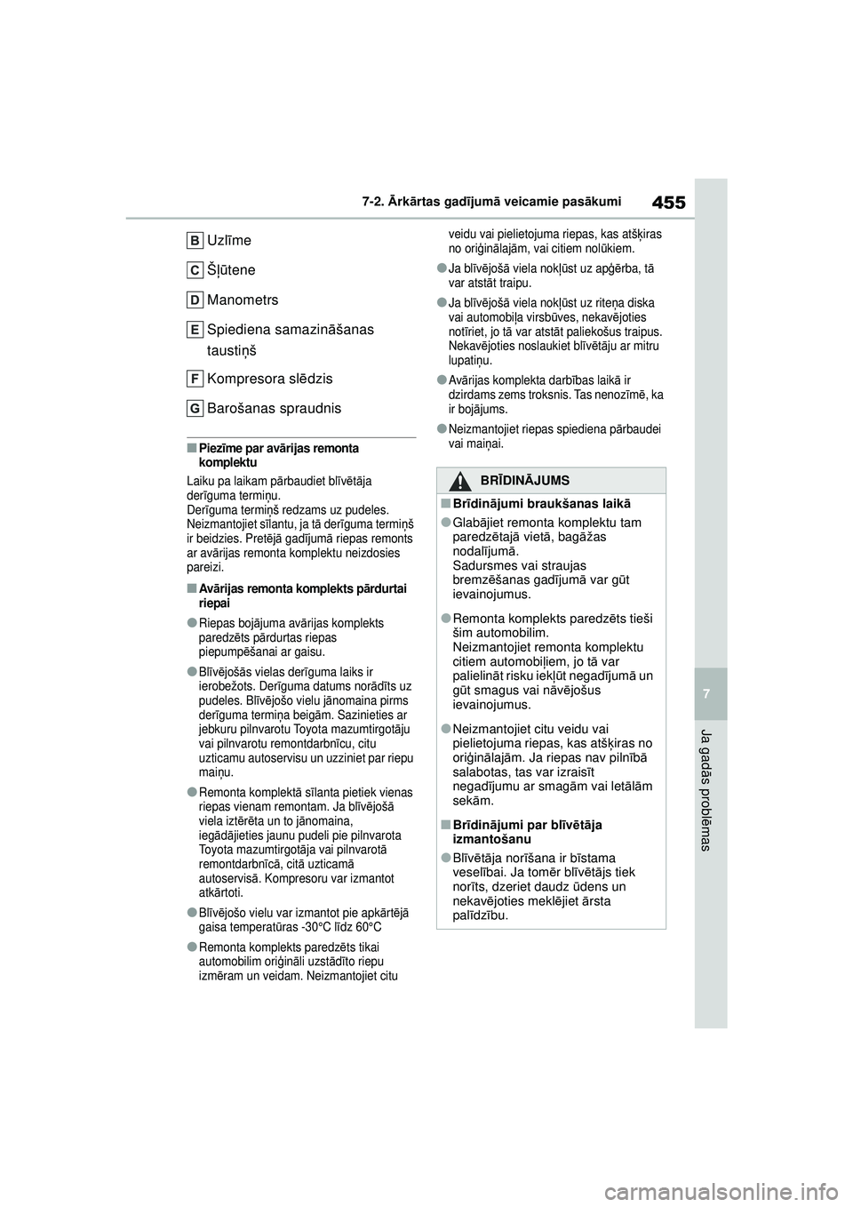 TOYOTA YARIS CROSS 2021  Lietošanas Instrukcija (in Latvian) 455
7
YARIS CROSS Owners Manual_Europe_M52K60_LV
7-2. Ārk ārtas gad ījum ā veicamie pas ākumi
Ja gad ās probl ēmas
Uzl īme
Š ļū tene
Manometrs
Spiediena samazin āšanas 
tausti ņš
Kompr