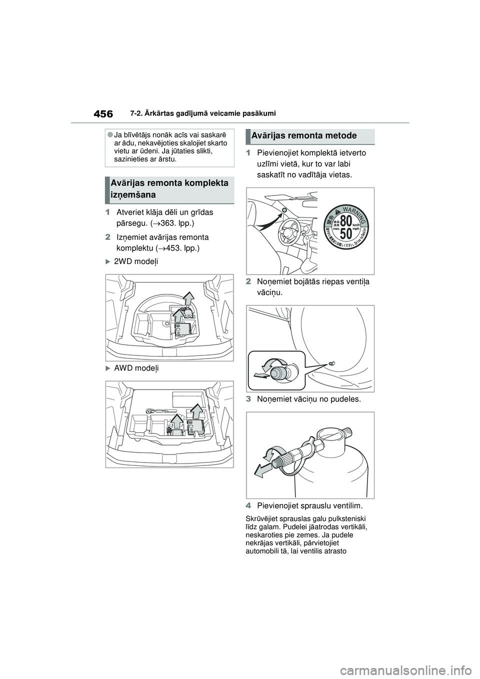 TOYOTA YARIS CROSS 2021  Lietošanas Instrukcija (in Latvian) 456
YARIS CROSS Owners Manual_Europe_M52K60_LV
7-2. Ārk ārtas gad ījum ā veicamie pas ākumi
1 Atveriet kl āja d ēli un gr īdas 
p ārsegu. ( 363. lpp.)
2 Izņemiet av ārijas remonta 
komp