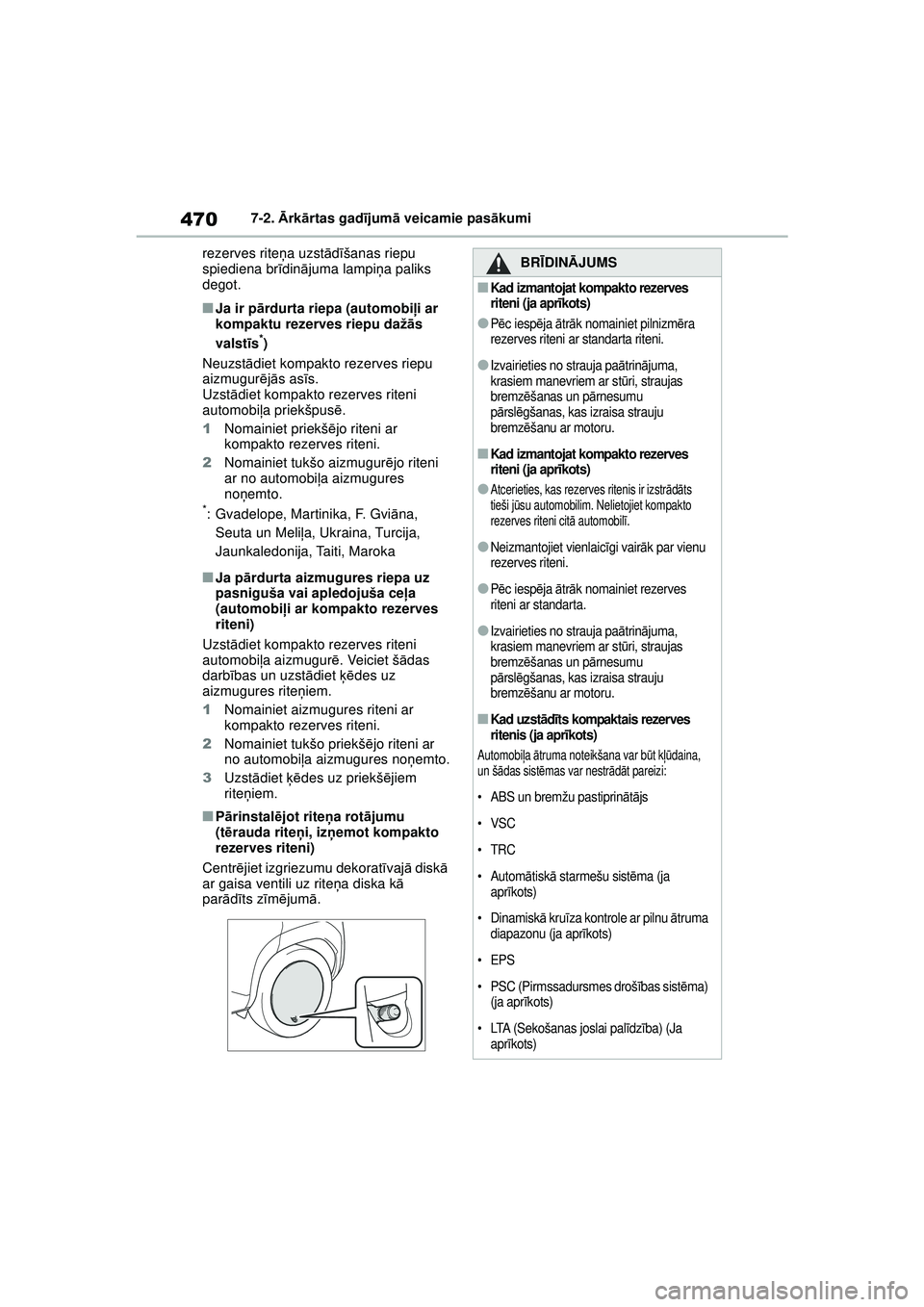 TOYOTA YARIS CROSS 2021 Lietošanas Instrukcija (in Latvian) 470
YARIS CROSS Owners Manual_Europe_M52K60_LV
7-2. Ārk ārtas gad ījum ā veicamie pas ākumi
rezerves rite ņa uzst ād īšanas riepu
spiediena br īdinā juma lampi ņa paliks
degot.
■Ja ir TOYOTA YARIS CROSS 2021 Lietošanas Instrukcija (in Latvian) 470
YARIS CROSS Owners Manual_Europe_M52K60_LV
7-2. Ārk ārtas gad ījum ā veicamie pas ākumi
rezerves rite ņa uzst ād īšanas riepu
spiediena br īdinā juma lampi ņa paliks
degot.
■Ja ir