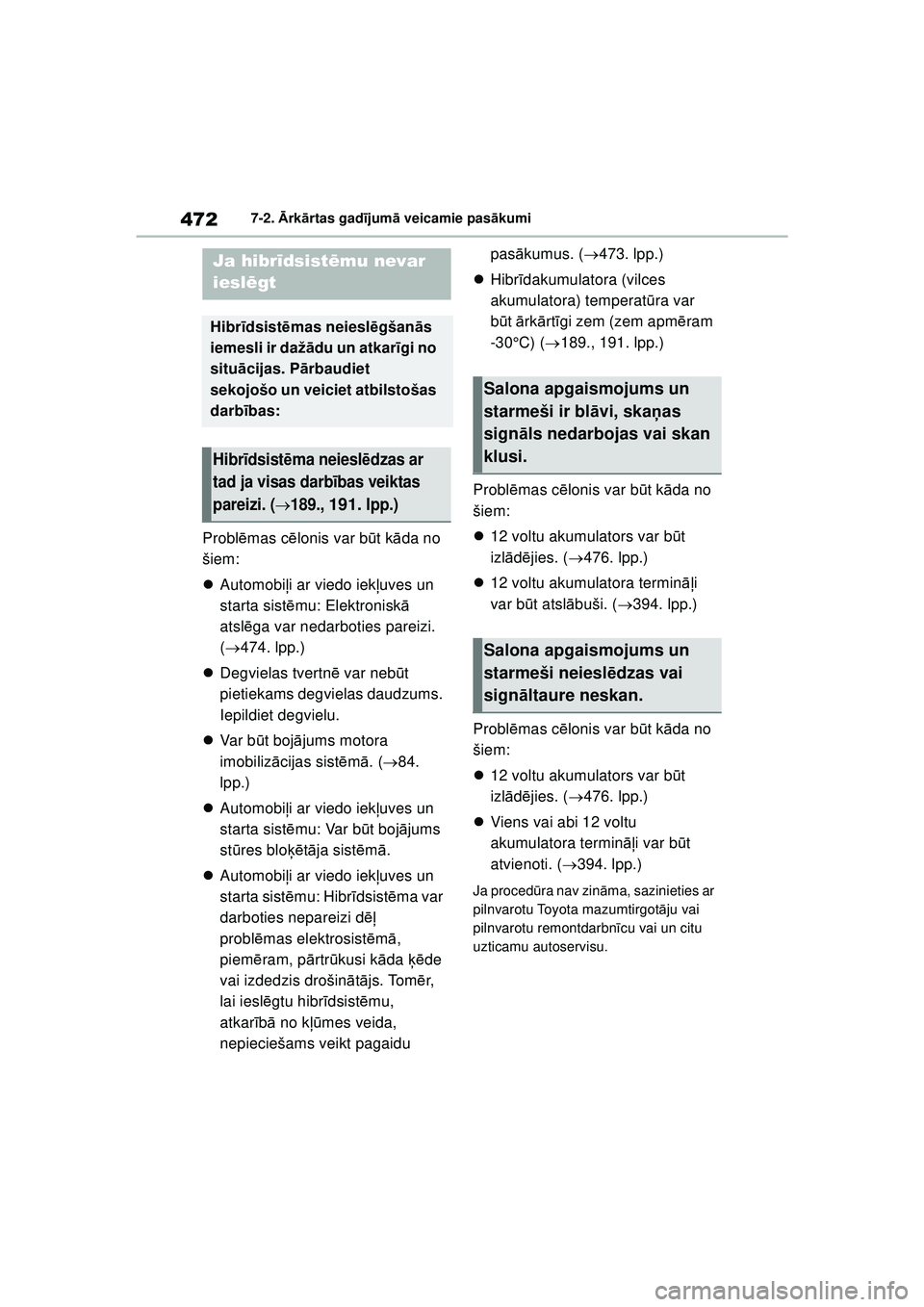 TOYOTA YARIS CROSS 2021 Lietošanas Instrukcija (in Latvian) 472
YARIS CROSS Owners Manual_Europe_M52K60_LV
7-2. Ārk ārtas gad ījum ā veicamie pas ākumi
Probl ēmas c ēlonis var b ūt k āda no
šiem:
Automobi ļi ar viedo iek ļuves un
starta sist TOYOTA YARIS CROSS 2021 Lietošanas Instrukcija (in Latvian) 472
YARIS CROSS Owners Manual_Europe_M52K60_LV
7-2. Ārk ārtas gad ījum ā veicamie pas ākumi
Probl ēmas c ēlonis var b ūt k āda no
šiem:
Automobi ļi ar viedo iek ļuves un
starta sist