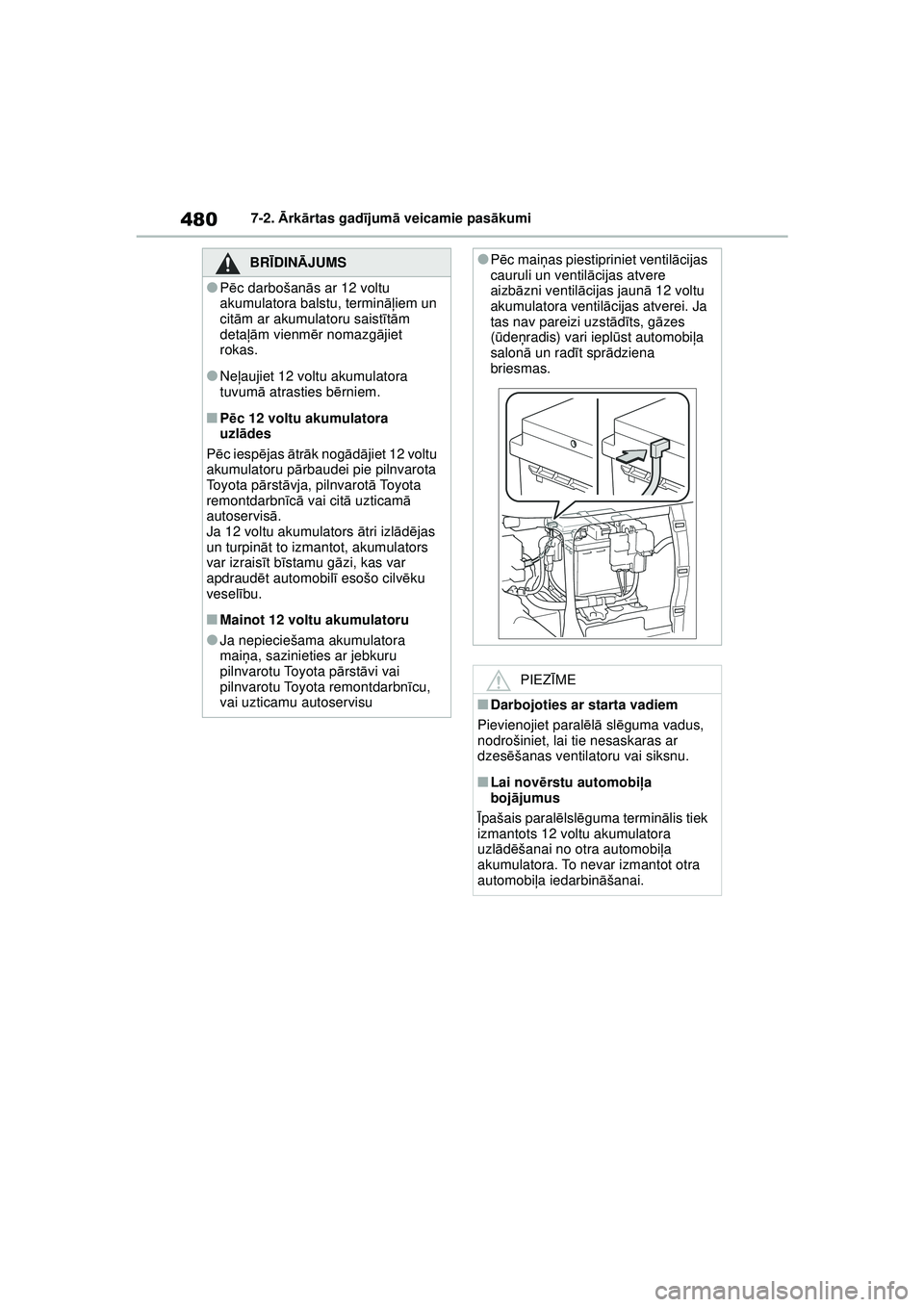 TOYOTA YARIS CROSS 2021  Lietošanas Instrukcija (in Latvian) 480
YARIS CROSS Owners Manual_Europe_M52K60_LV
7-2. Ārk ārtas gad ījum ā veicamie pas ākumi
BRĪ DINĀ JUMS
●Pēc darbošan ās ar 12 voltu 
akumulatora balstu, termin āļiem un 
cit ām ar a
